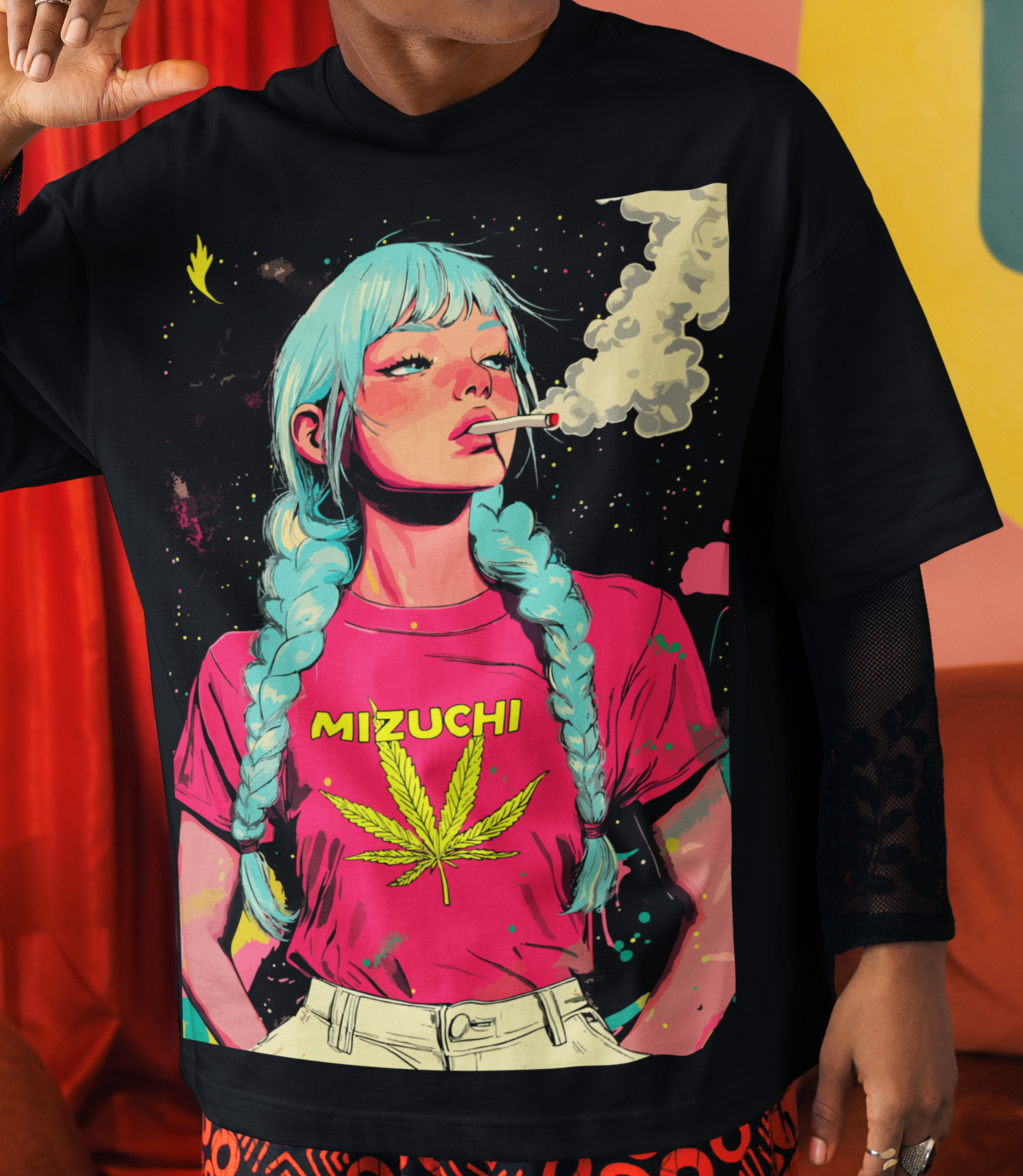 Japanese streetwear tee featuring Cosmic Smoke print, girl, swirling galaxy art.