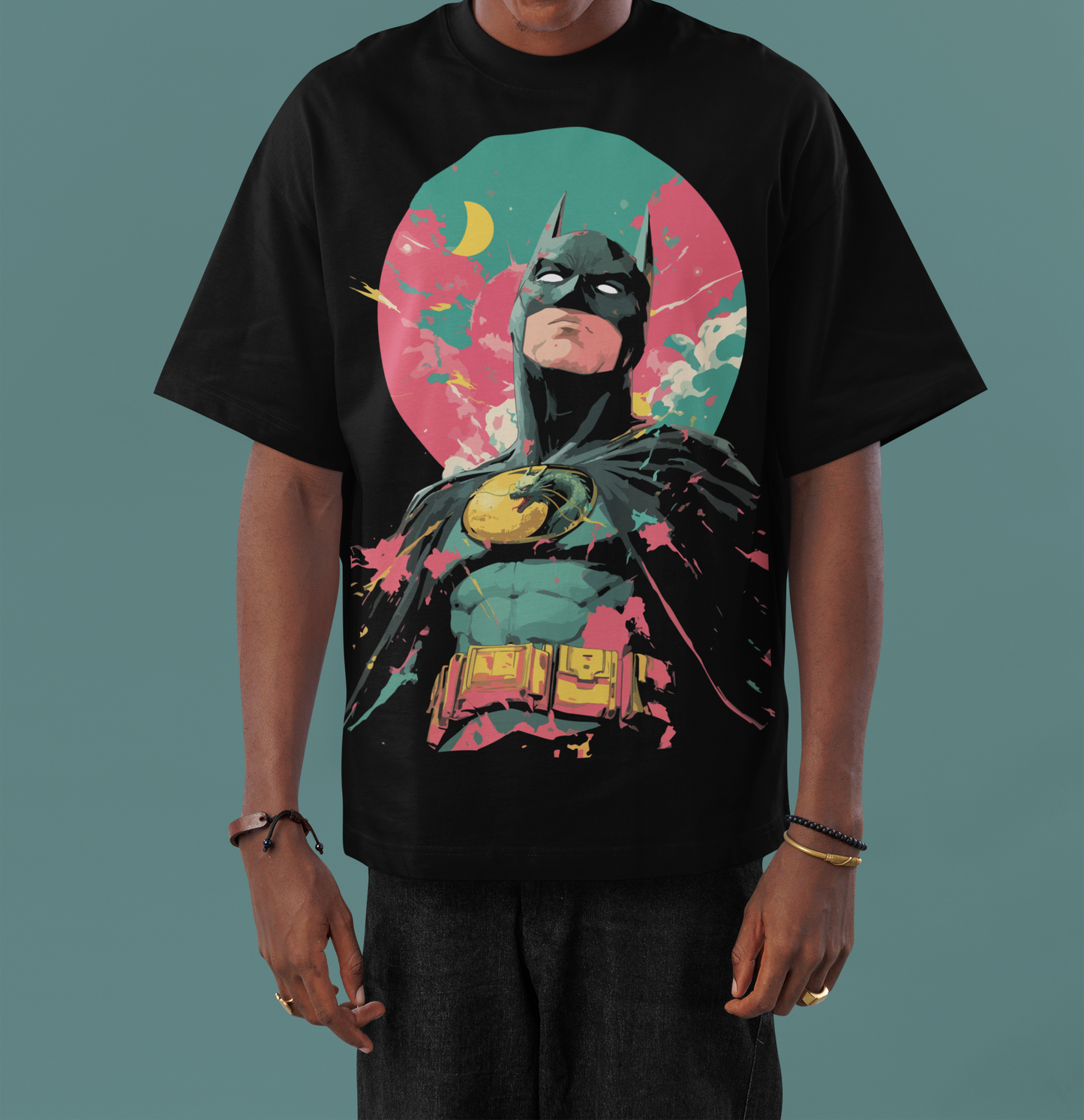 Japanese oversized tee, Dragon Man design, swirling clouds, sun, myth fusion, Mizuchi Clothing.