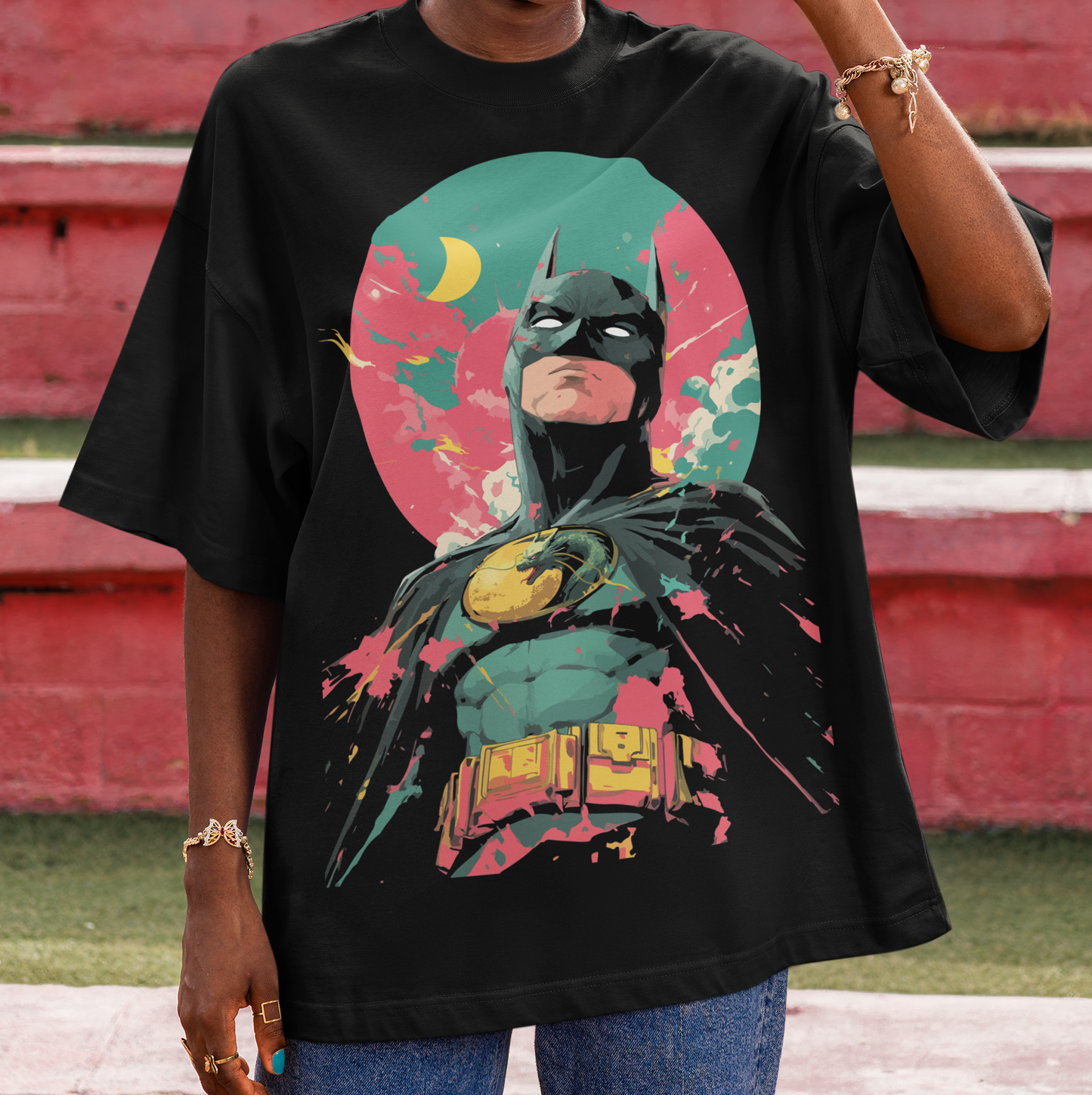 Limited edition Dragon Man T-shirt, bold dragon hero print, oversized Japanese streetwear.