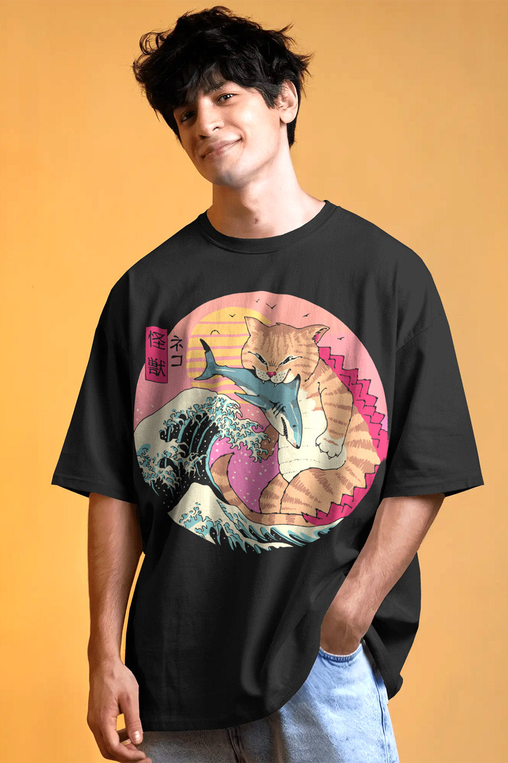 Japanese streetwear oversized tee with Kaiju Neko Wave design, vibrant neon sunset and Kanji by Mizuchi Nightvision Series.