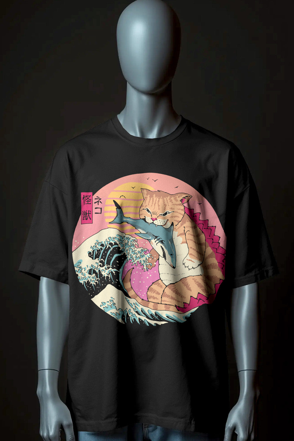 Limited edition Kaiju Neko Wave T-shirt combining retro wave art and giant cat monster theme, premium cotton, Mizuchi Clothing.