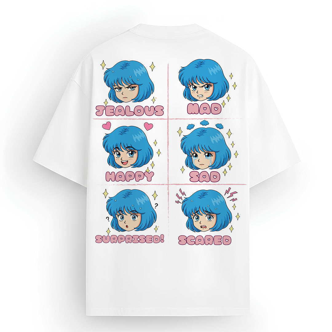 Mizuchi Ayame Hara Tee back: 6 emotions grid jealous mad happy sad surprised scared on premium white 100% cotton t-shirt Monochrome Series.
