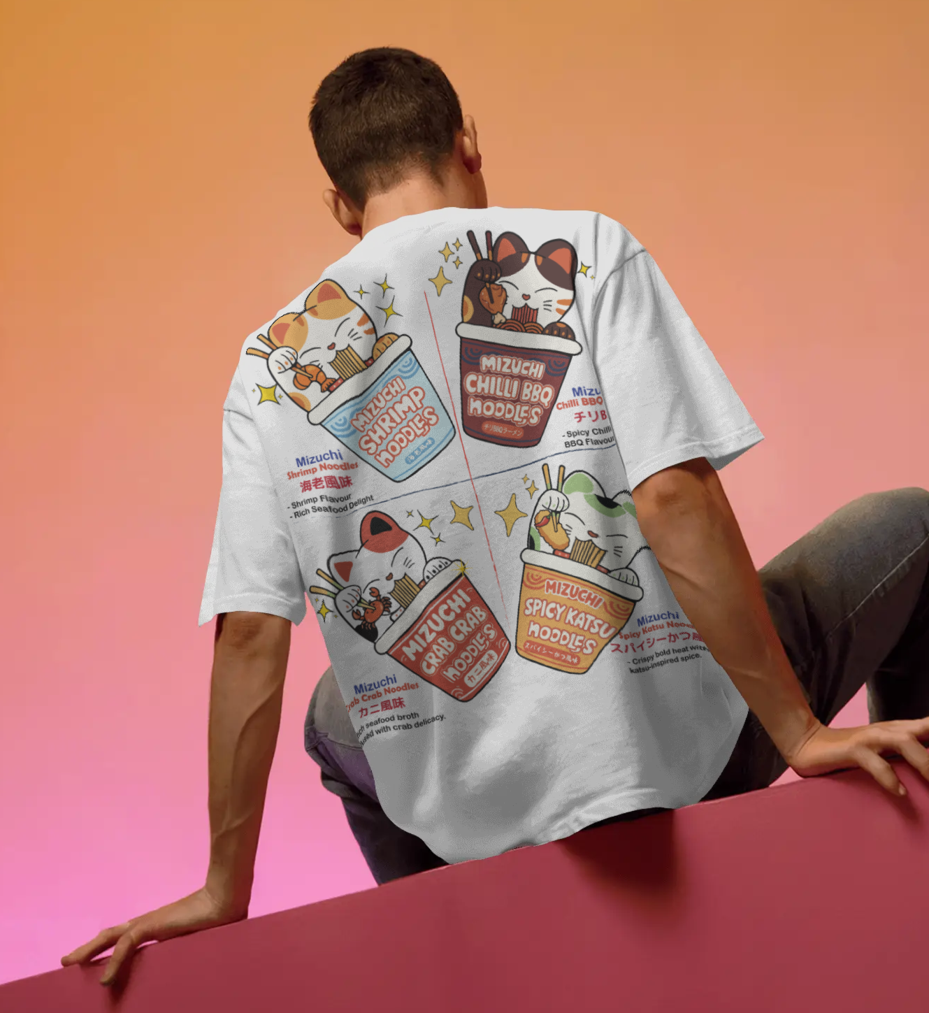 Mizuchi cat ramen flavors t-shirt back: Kawaii chili shrimp miso cats instant noodles white tee streetwear.