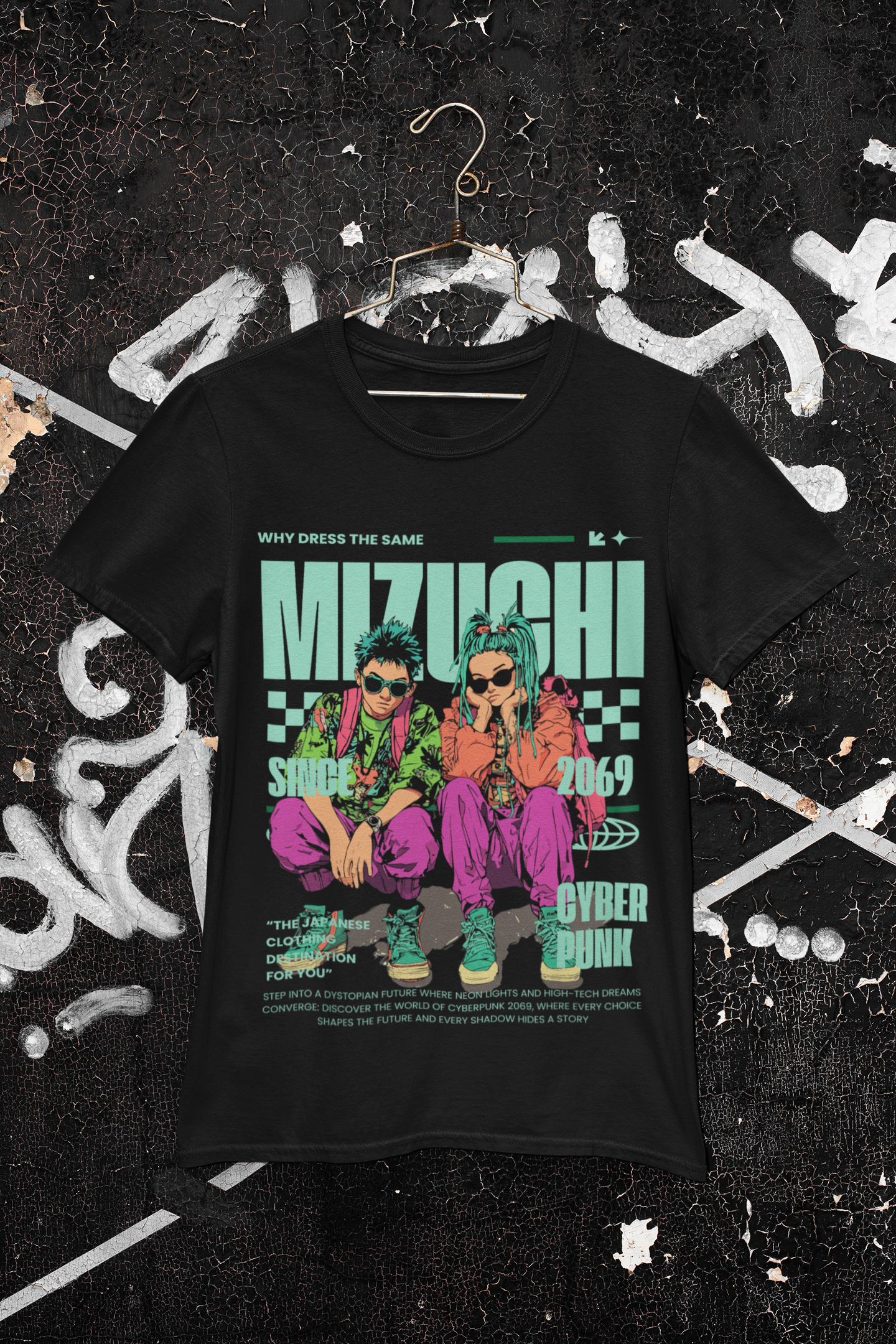 Japanese Cyberpunk tee by Mizuchi Clothing, street fashion, bold neon print, oversized fit.