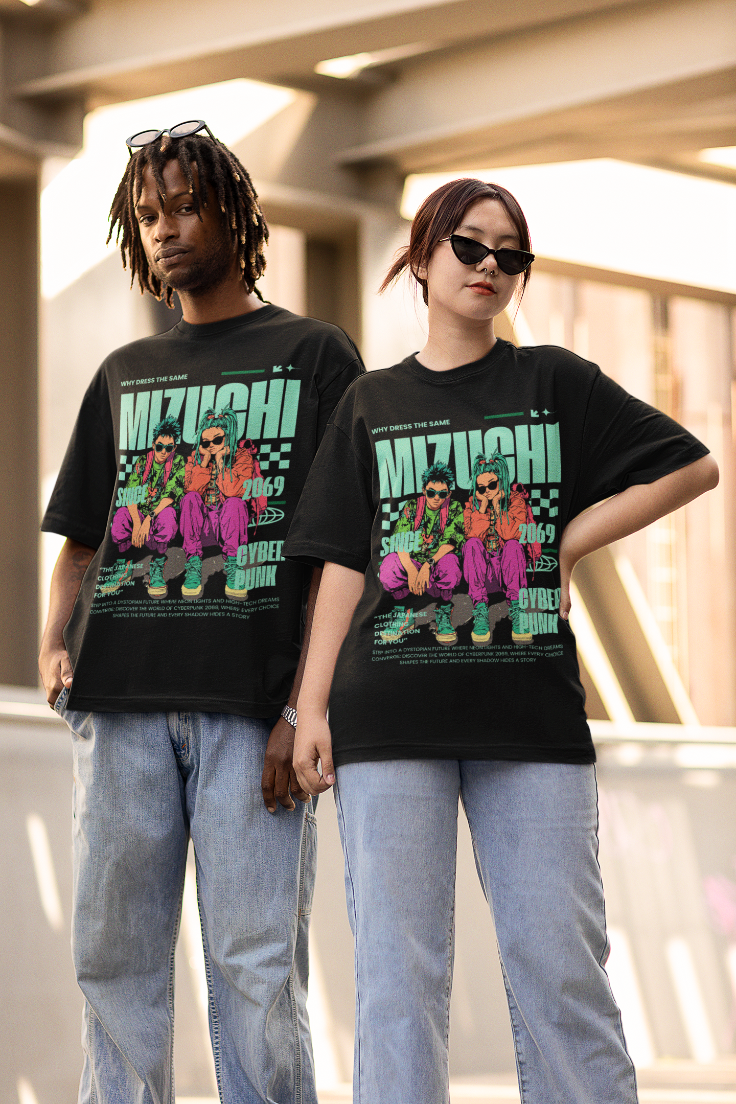 Limited edition Mizuchi Cyberpunk oversized tee, futuristic Tokyo vibe, Japanese art.