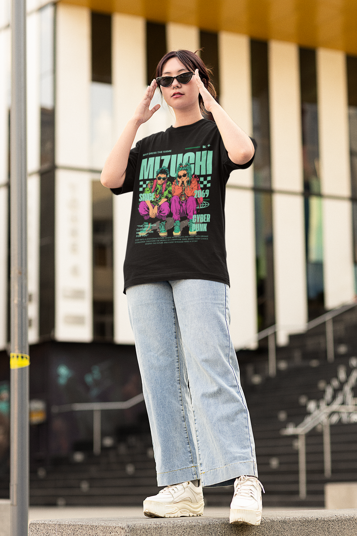 Nightvision Series Mizuchi Cyberpunk T-shirt, neon colors, urban Japanese streetwear style.