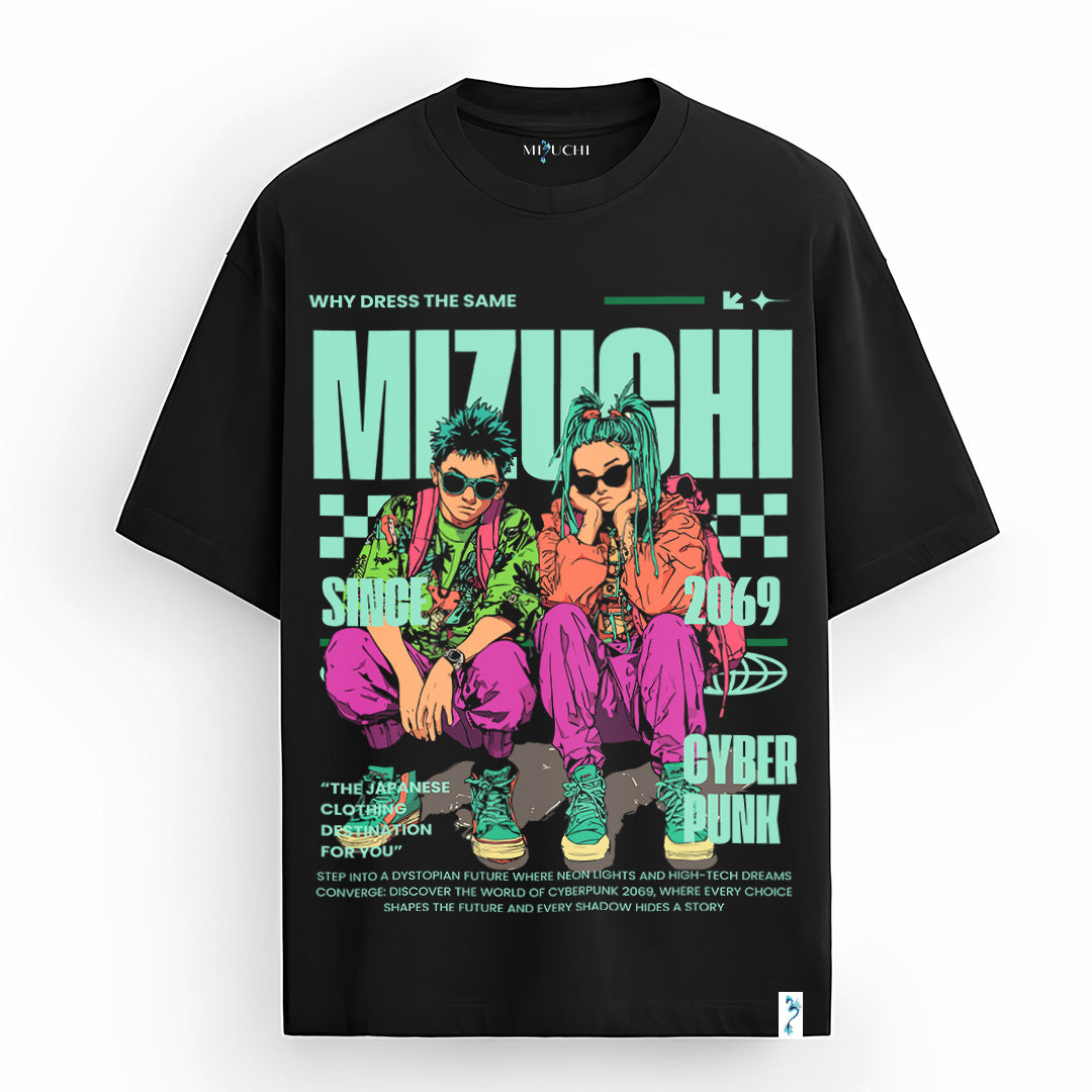 Mizuchi Cyberpunk oversized Japanese streetwear T-shirt, neon characters, Japanese text, Nightvision Series.