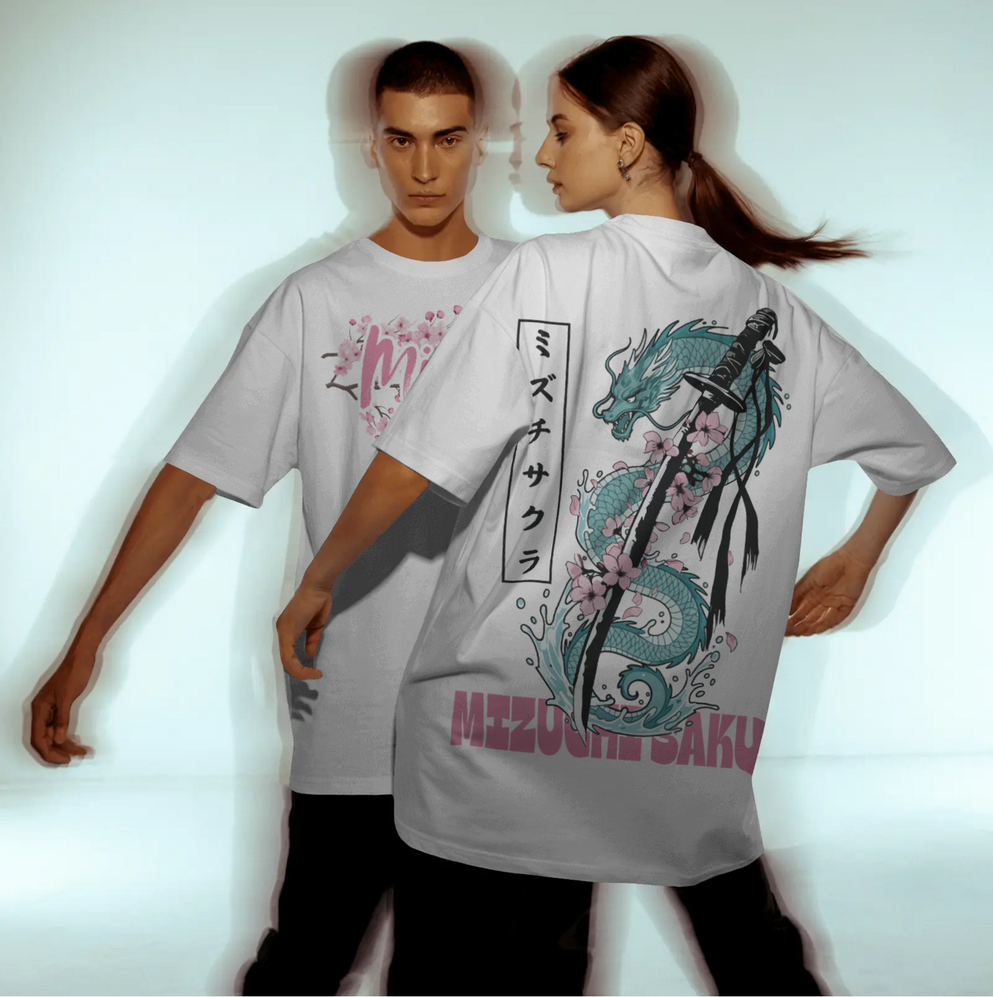 Mizuchi dragon sakura katana t-shirt back: Japanese mythical beast sword petals on white tee streetwear.