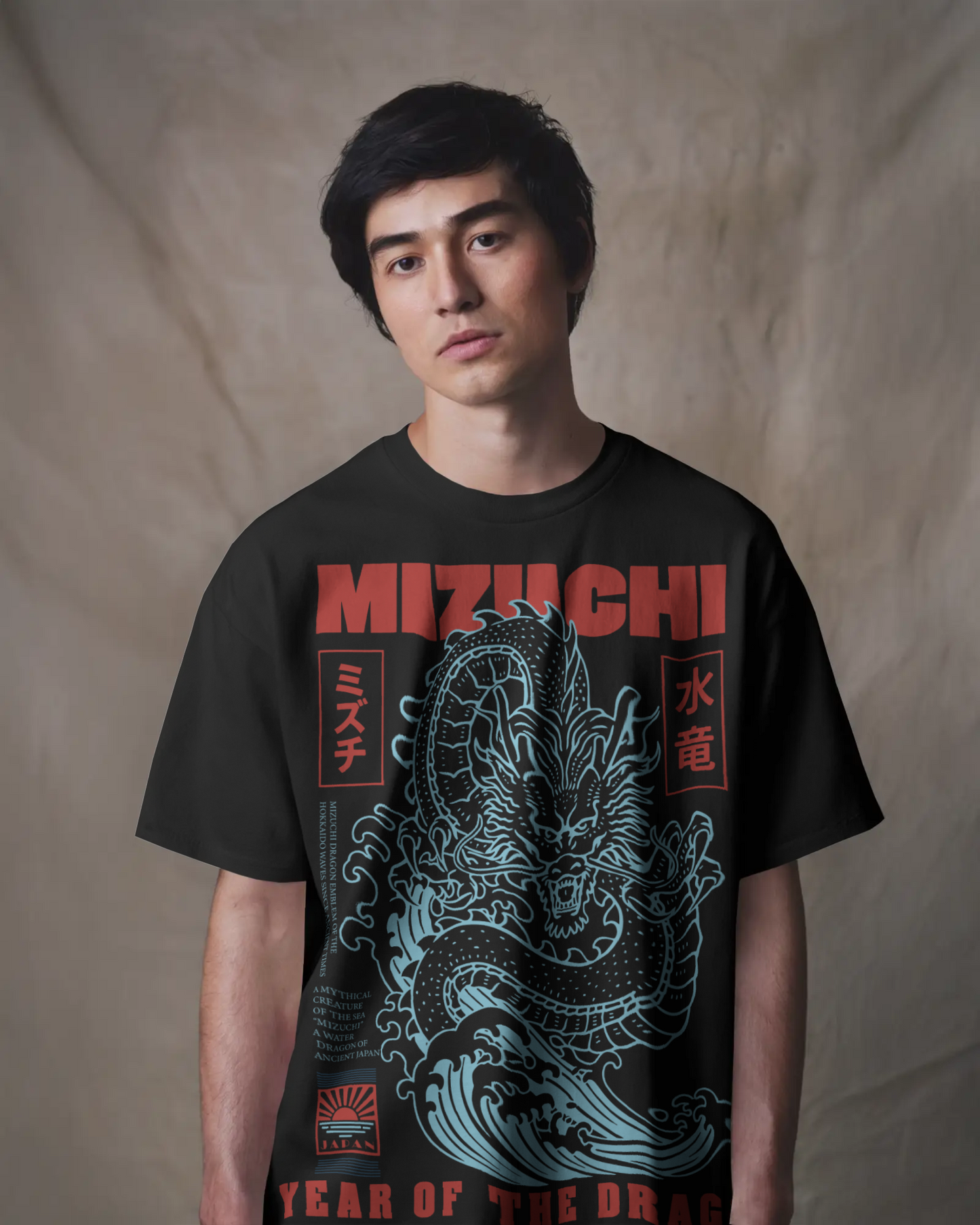 Premium Mizuchi Year Dragon tee front: Powerful coiling dragon kanji on 100% cotton black t-shirt Monochrome Japan inspired.