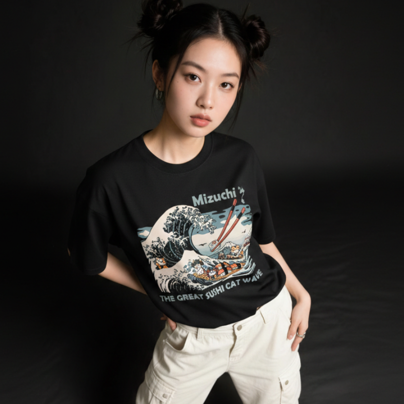 Mizuchi Great Sushi Cat Wave Tee front: Cats riding massive sushi wave with chopsticks on premium black 100% cotton t-shirt, Monochrome Series.