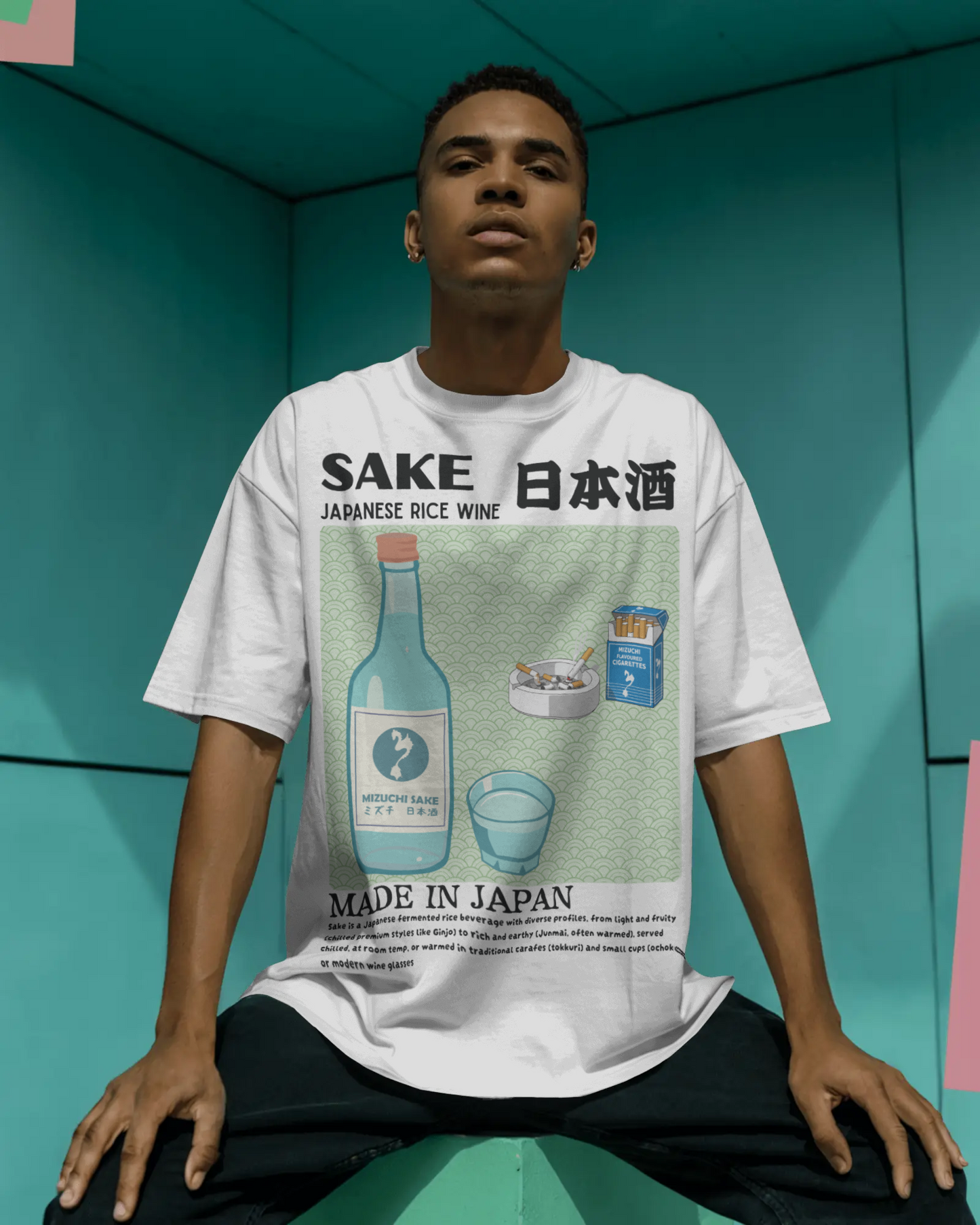 Mizuchi Japanese sake t-shirt front: Rice wine bottle green frame design on white cotton tee digital print.
