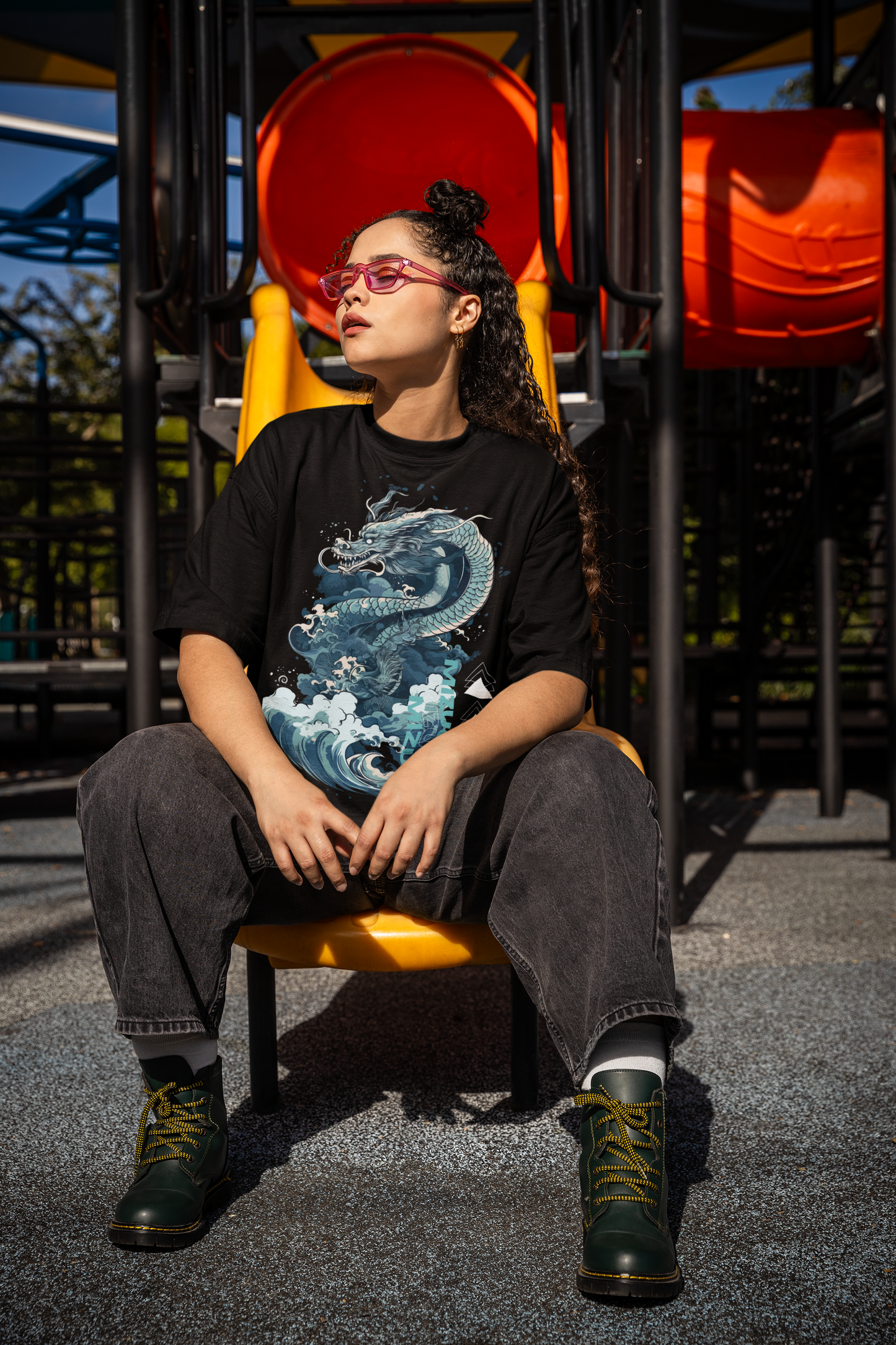 Oversized tee with Mizuchi Majeste print, Japanese-inspired royal artwork, Nightvision Series, premium quality.