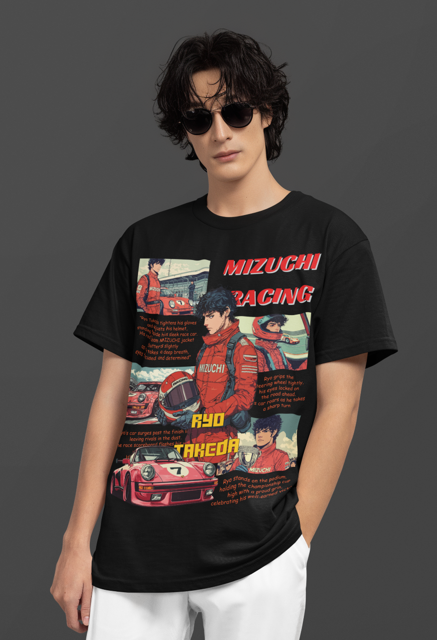 Limited edition Mizuchi Racing tee, racing manga, Ryu Takeda print, street style, Mizuchi.