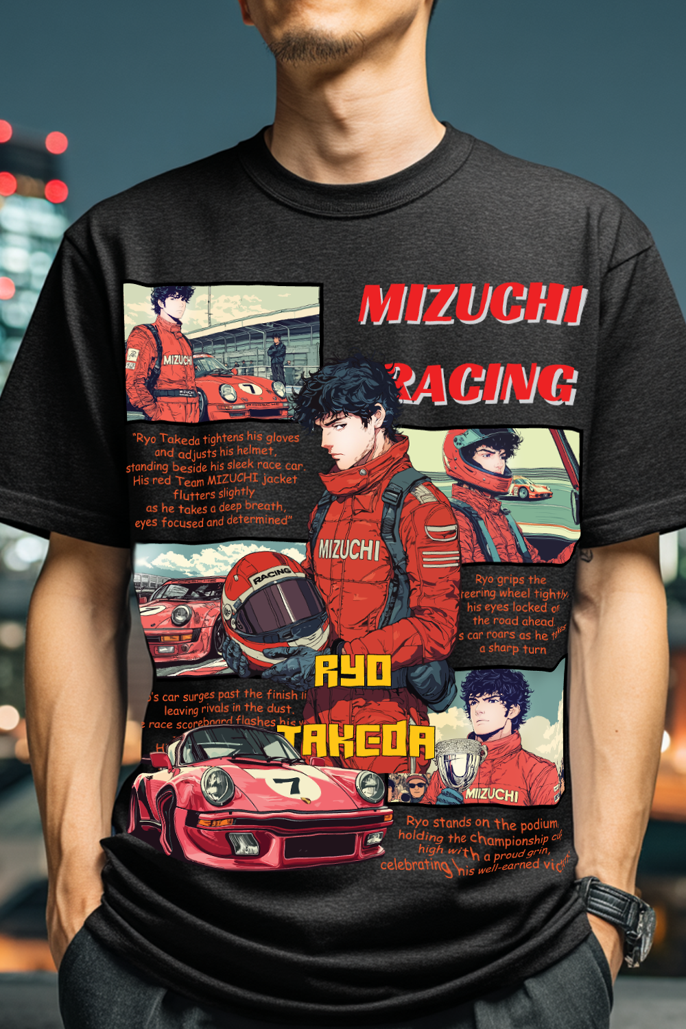 Japanese oversized tee with Mizuchi Racing scene, action car, bold motorsport art, Mizuchi.