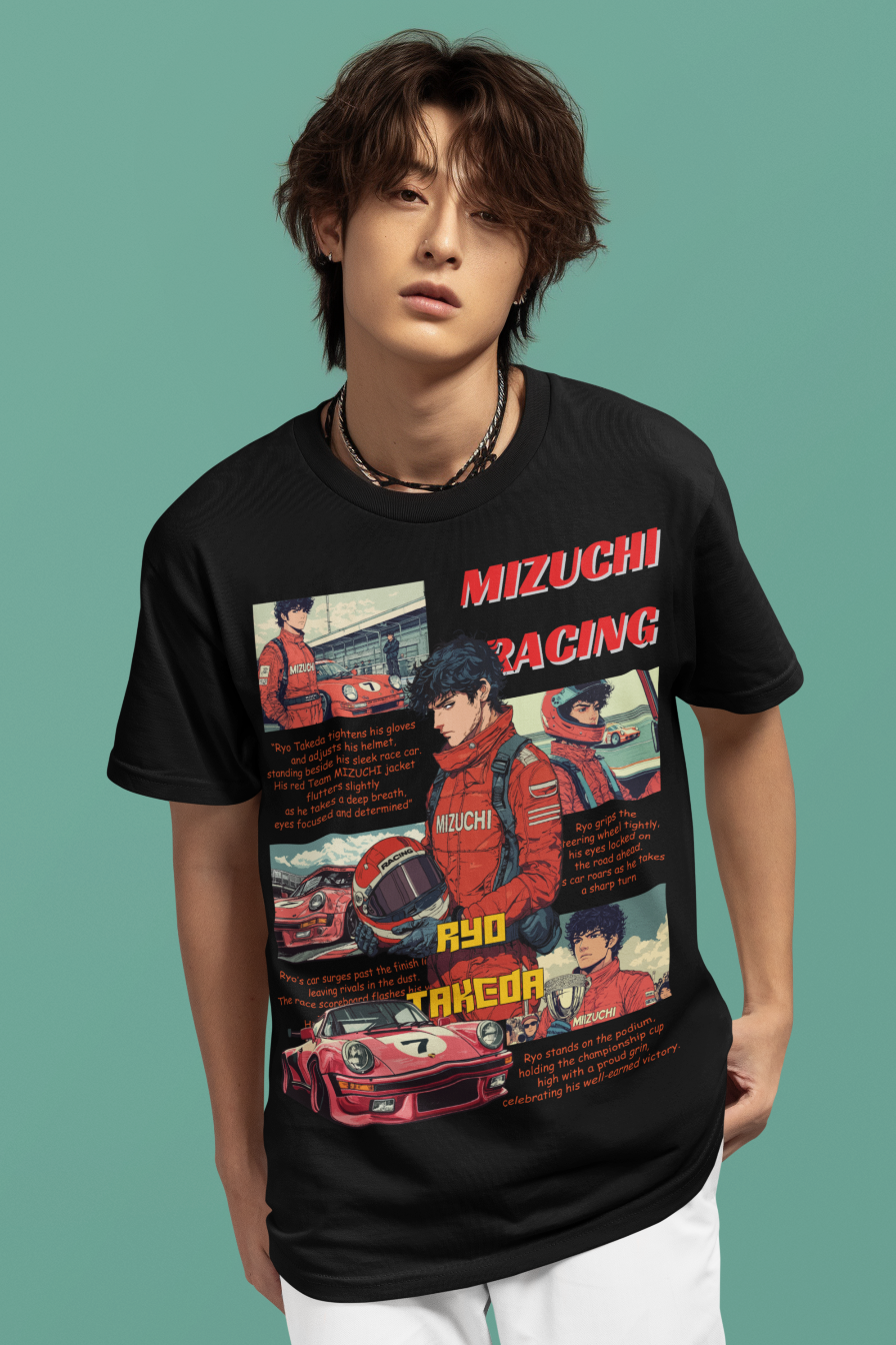Nightvision Series Mizuchi Racing oversized tee, championship race theme, urban streetwear.
