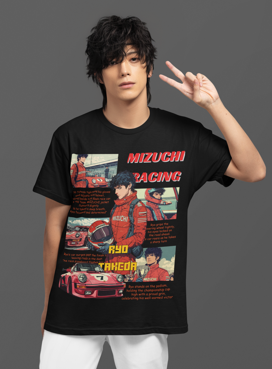 Oversized Japanese streetwear T-shirt, Mizuchi Racing, manga panels, iconic number 7 car.