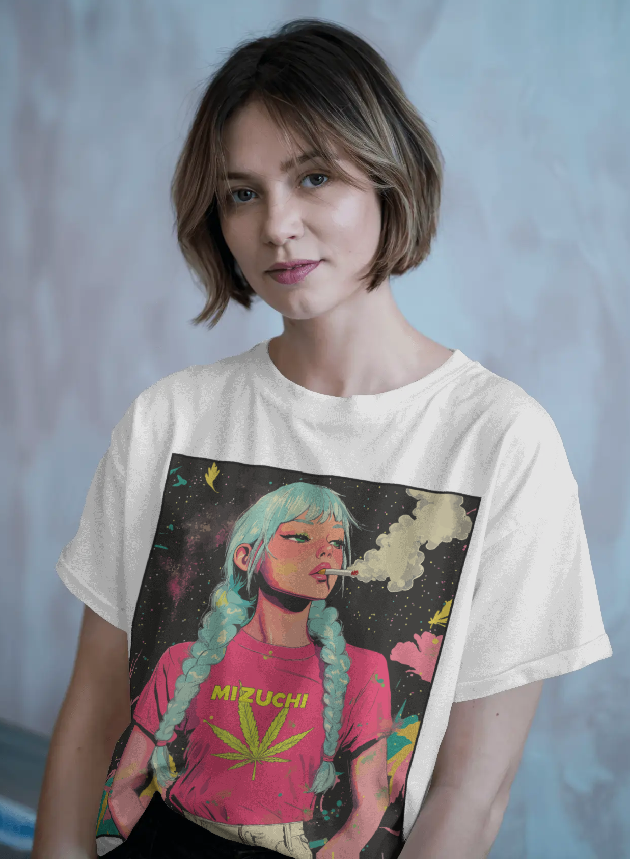 Premium Mizuchi Cosmic Smoke tee front: Starry cosmic weed girl on 100% cotton white t-shirt Monochrome.