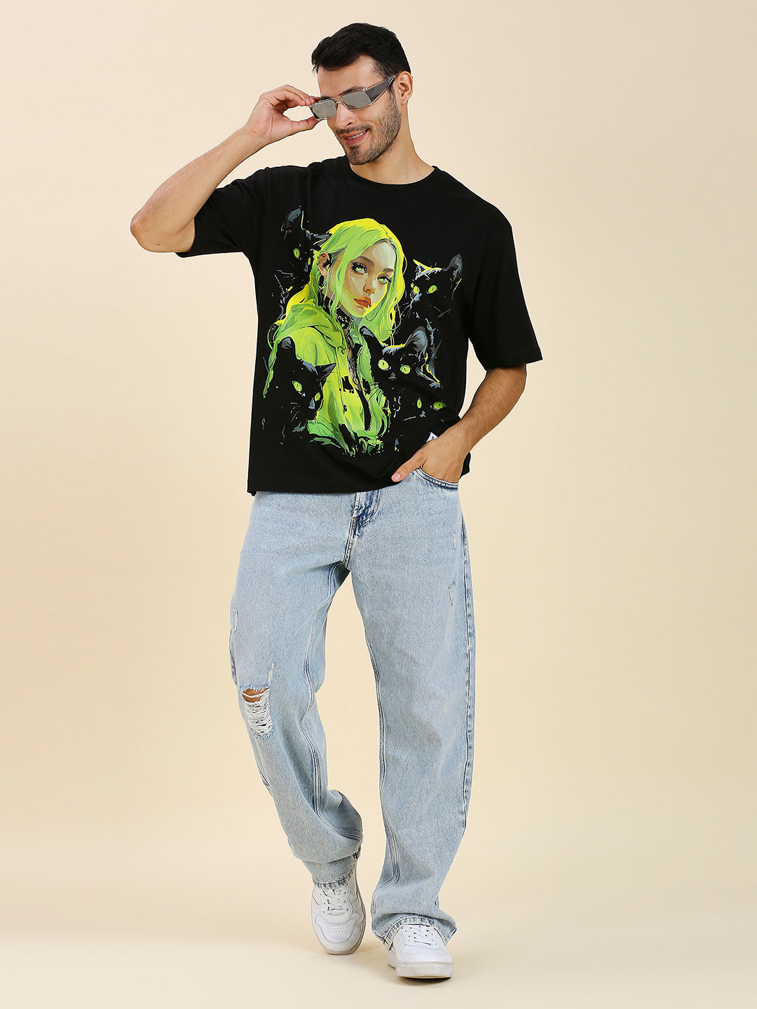 Nightvision Series Neon Nightshade print, Japanese streetwear, black cats, premium cotton.