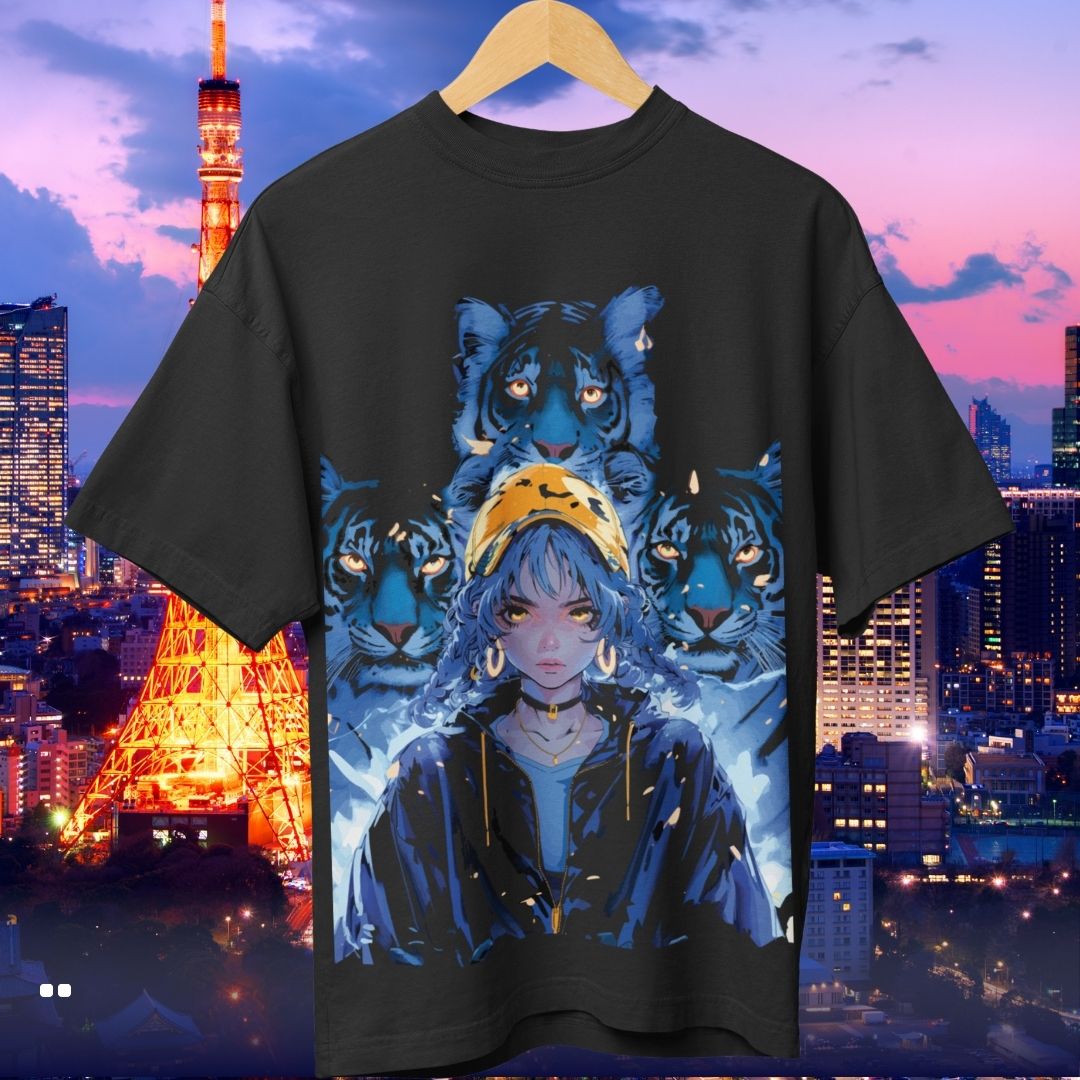 Mizuchi Clothing Night Tiger Instinct oversized tee with electrifying tiger and urban streetwear vibe.