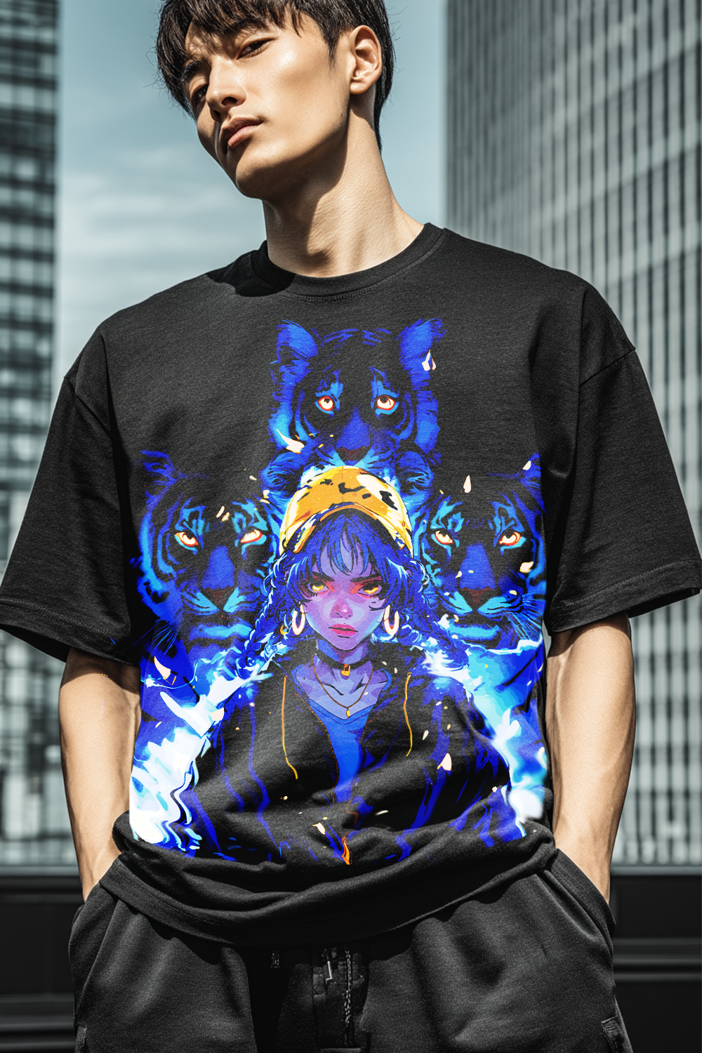 Limited edition Night Tiger Instinct T-shirt, bold Japanese streetwear style with vibrant tiger print.