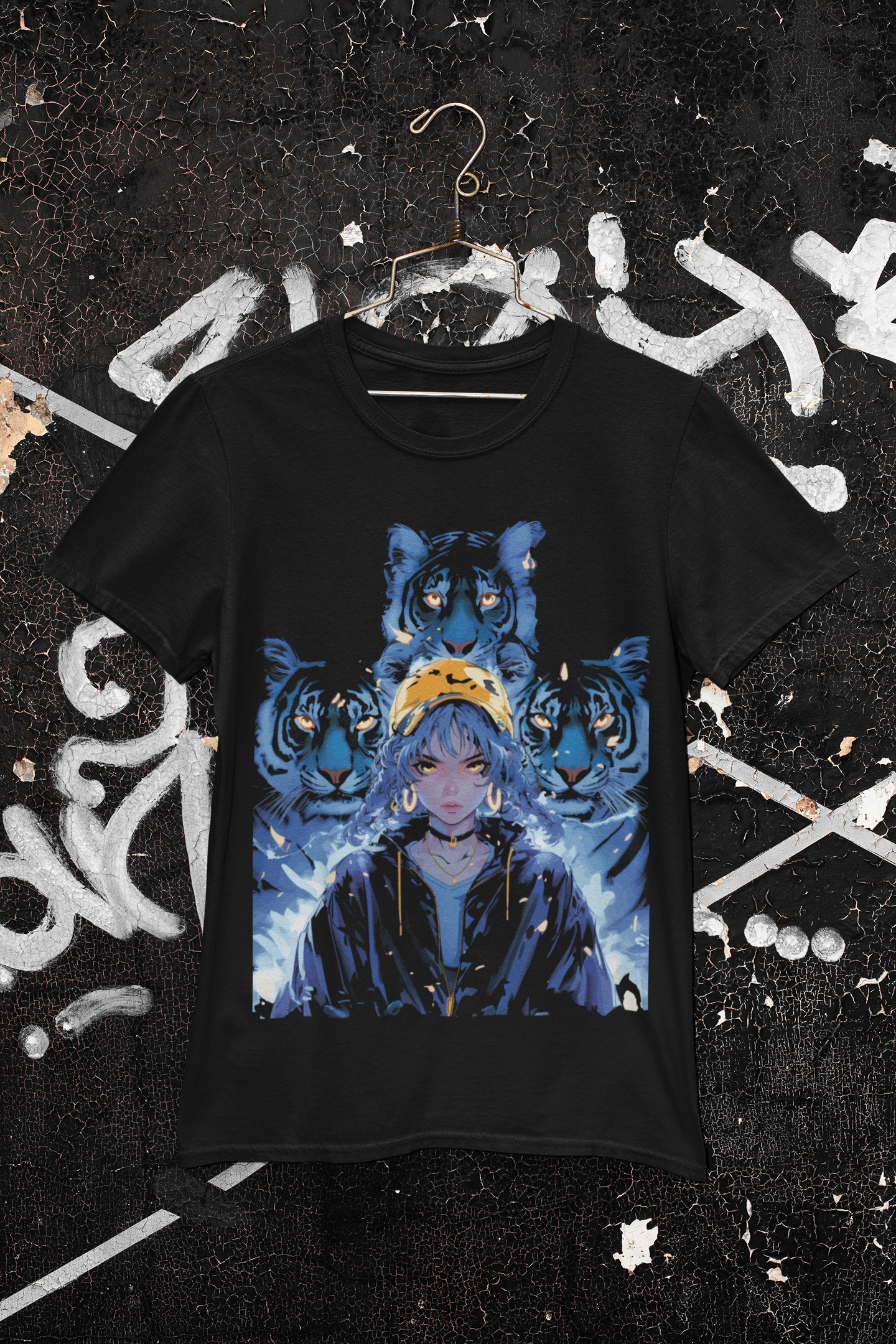 Nightvision Collection Night Tiger Instinct oversized Japanese T-shirt with neon blue tiger graphic.