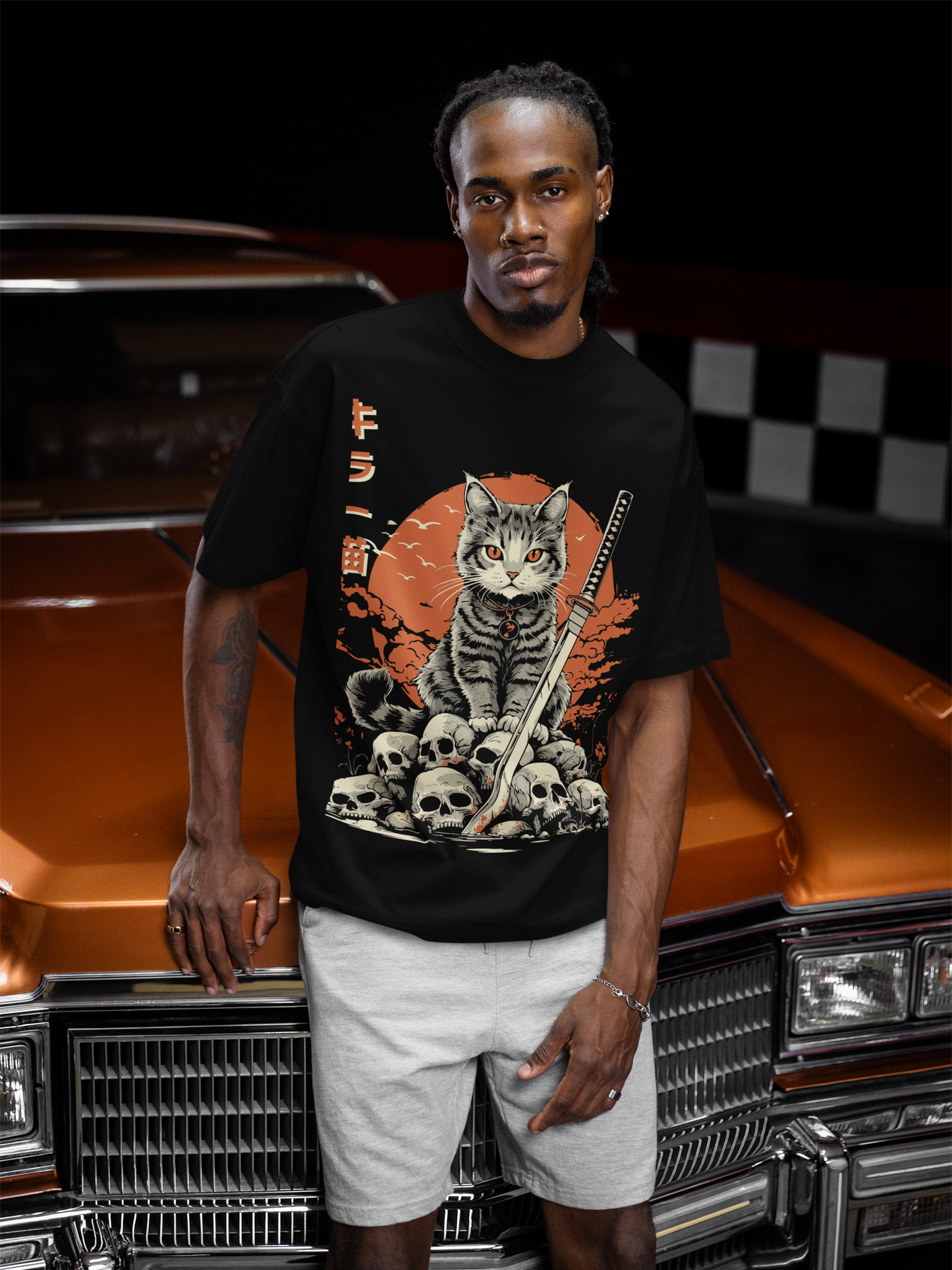 Japanese streetwear oversized tee featuring Samurai Cat Eclipse design with skulls and kanji by Mizuchi.