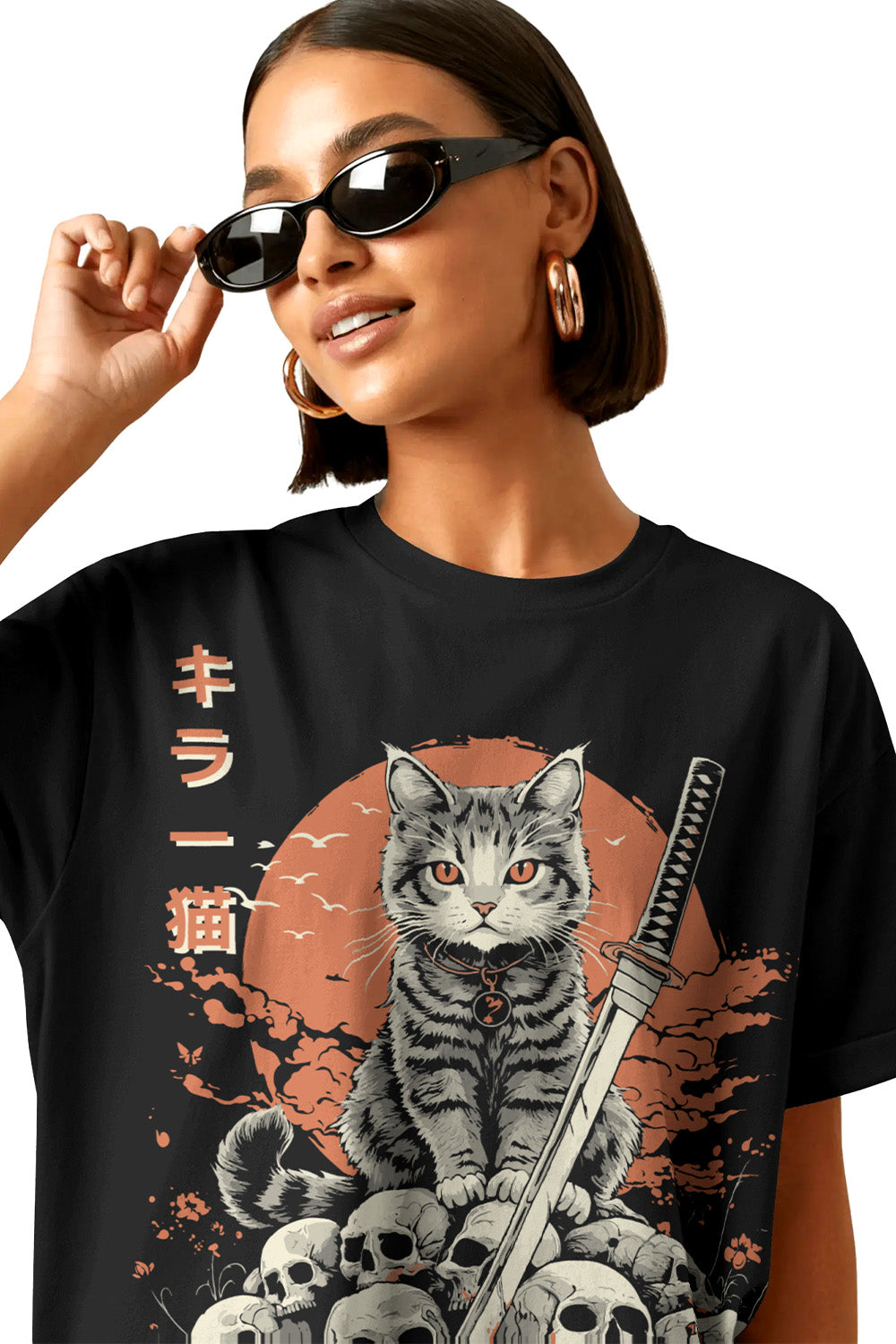 Limited edition Samurai Cat Eclipse T-shirt in bold oversized Japanese street style.