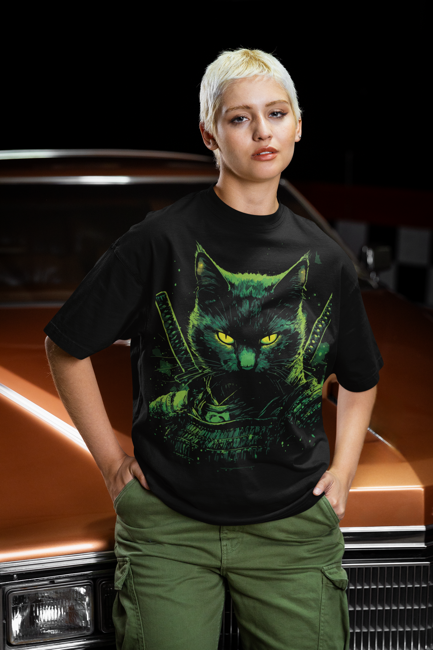 Japanese oversized tee, Shadow Samurai Neko, katana armor cat, urban street style, Mizuchi Clothing.