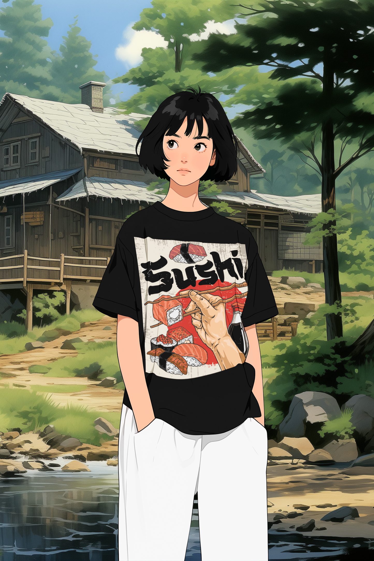Japanese oversized tee with Sushi Street, vibrant sushi graphics, retro vibes, Mizuchi.