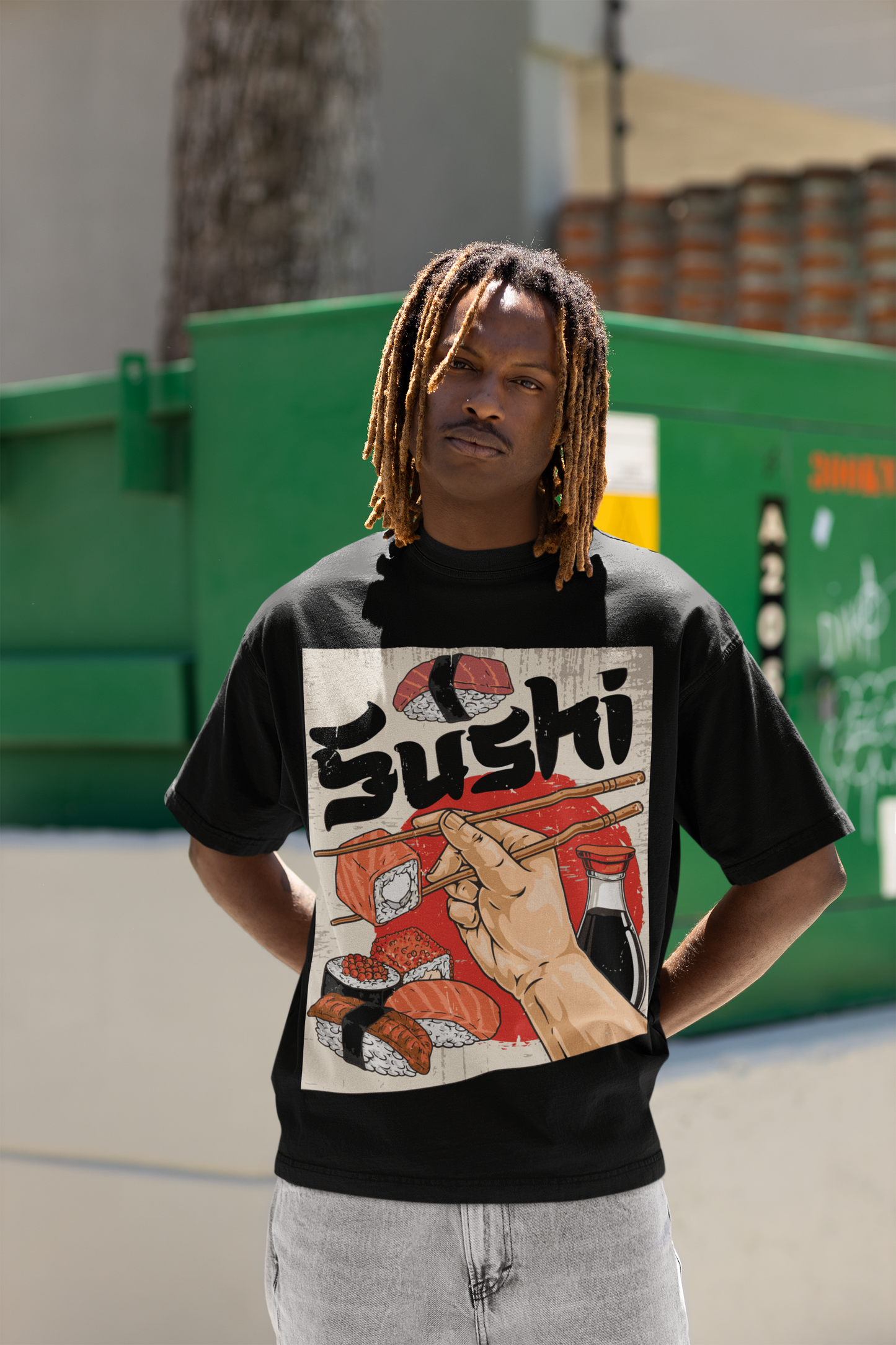 Nightvision Series Sushi Street tee, sushi print, oversized fit, retro Japanese style.