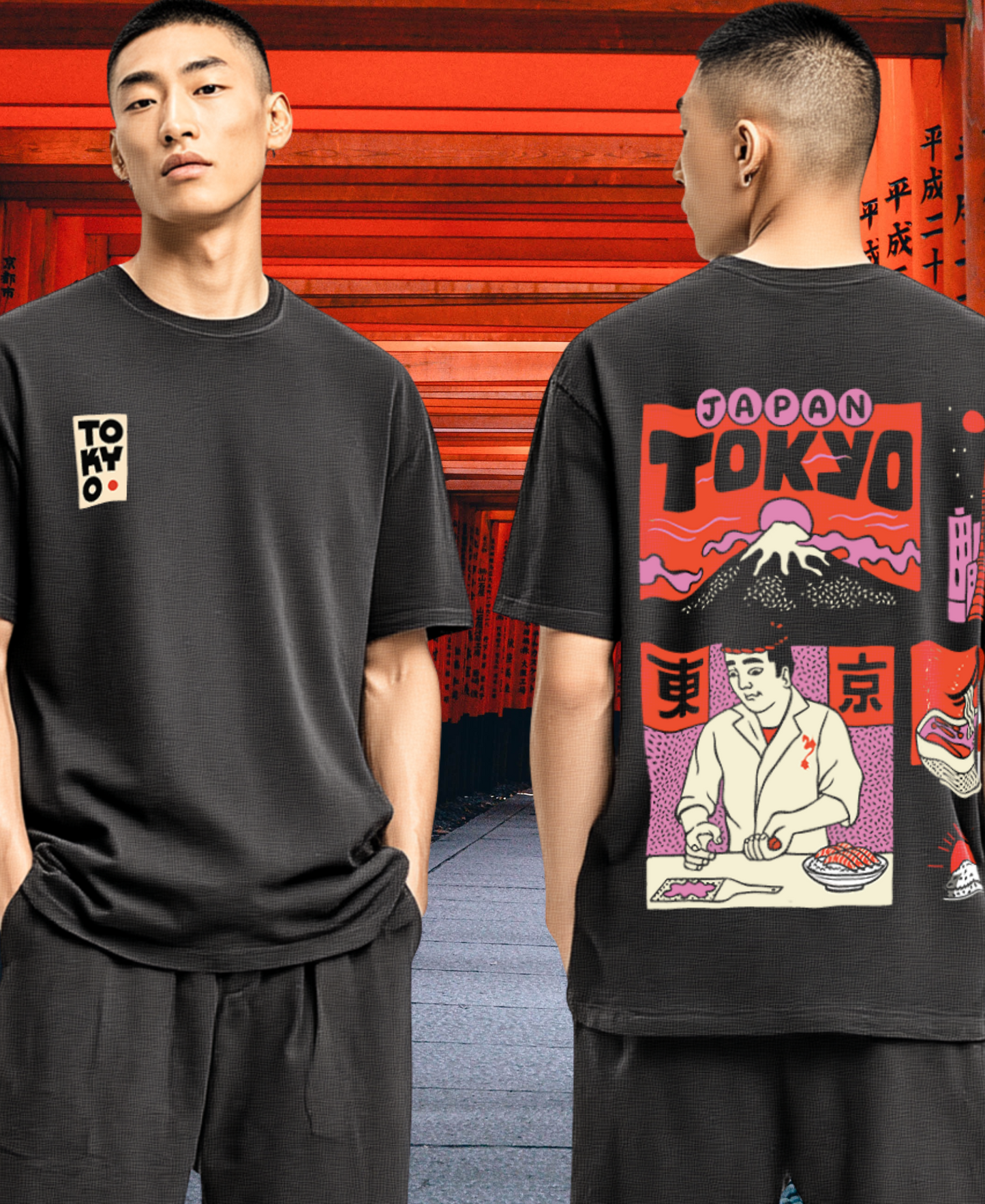 Limited edition Tokyo Midnight Sushi tee, Japanese streetwear, downtown Tokyo art.