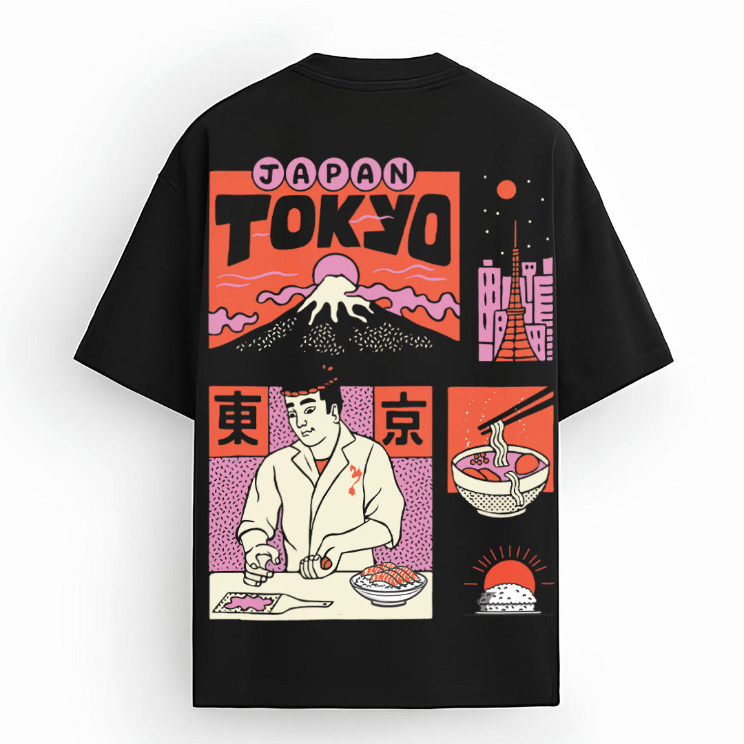 Japanese oversized tee with Tokyo Midnight Sushi, Mount Fuji, retro pop-art, Mizuchi Clothing.