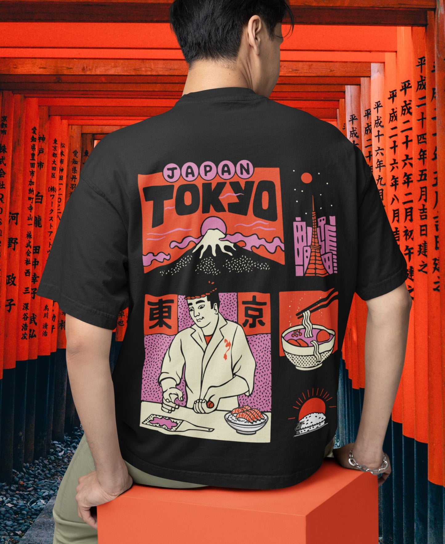 Nightvision Series Tokyo Midnight Sushi tee, cityscape, neon sushi shop, oversized fit.