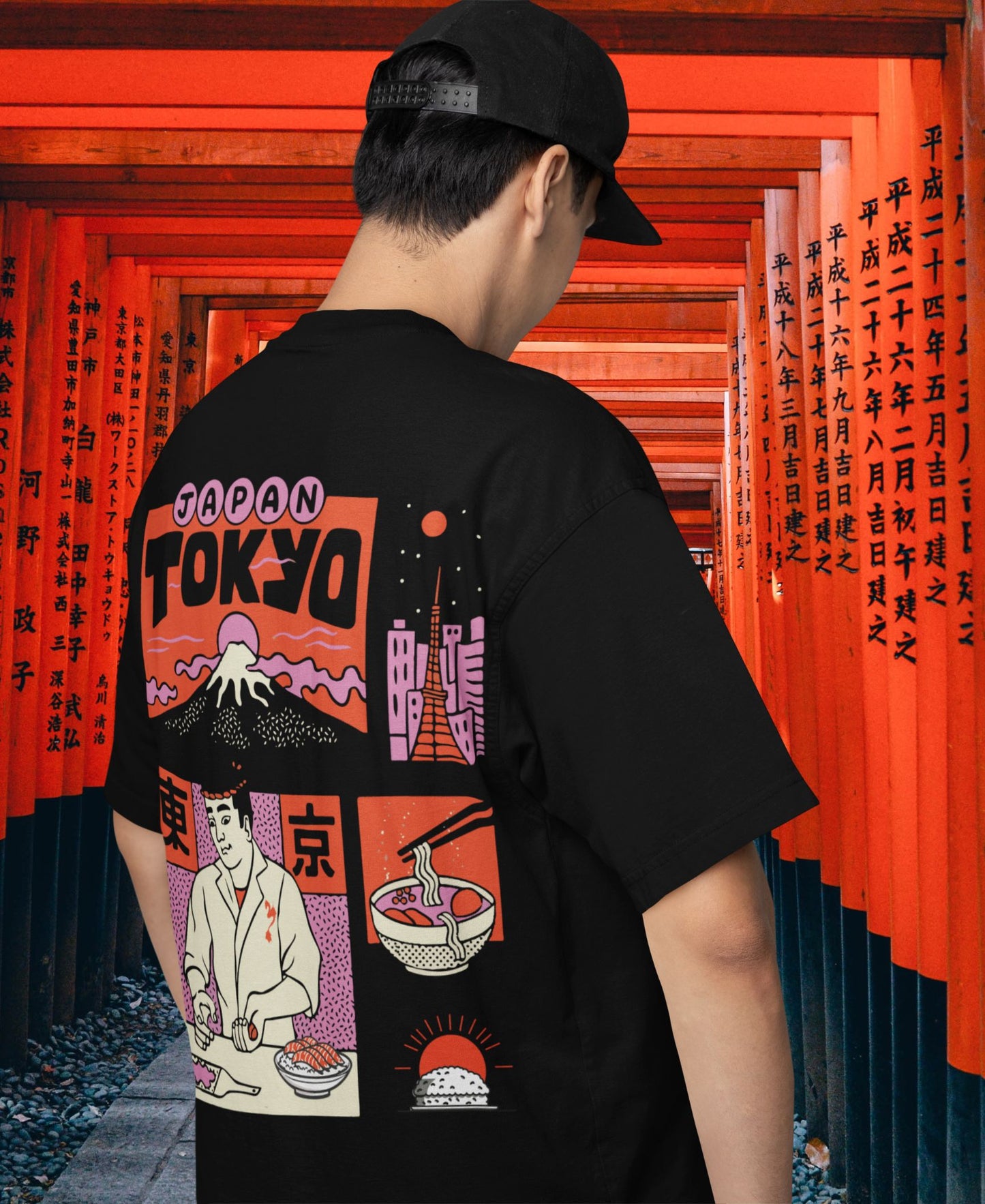 Urban Japanese streetwear tee, Tokyo Midnight Sushi, culinary art, bold colors, Mizuchi.