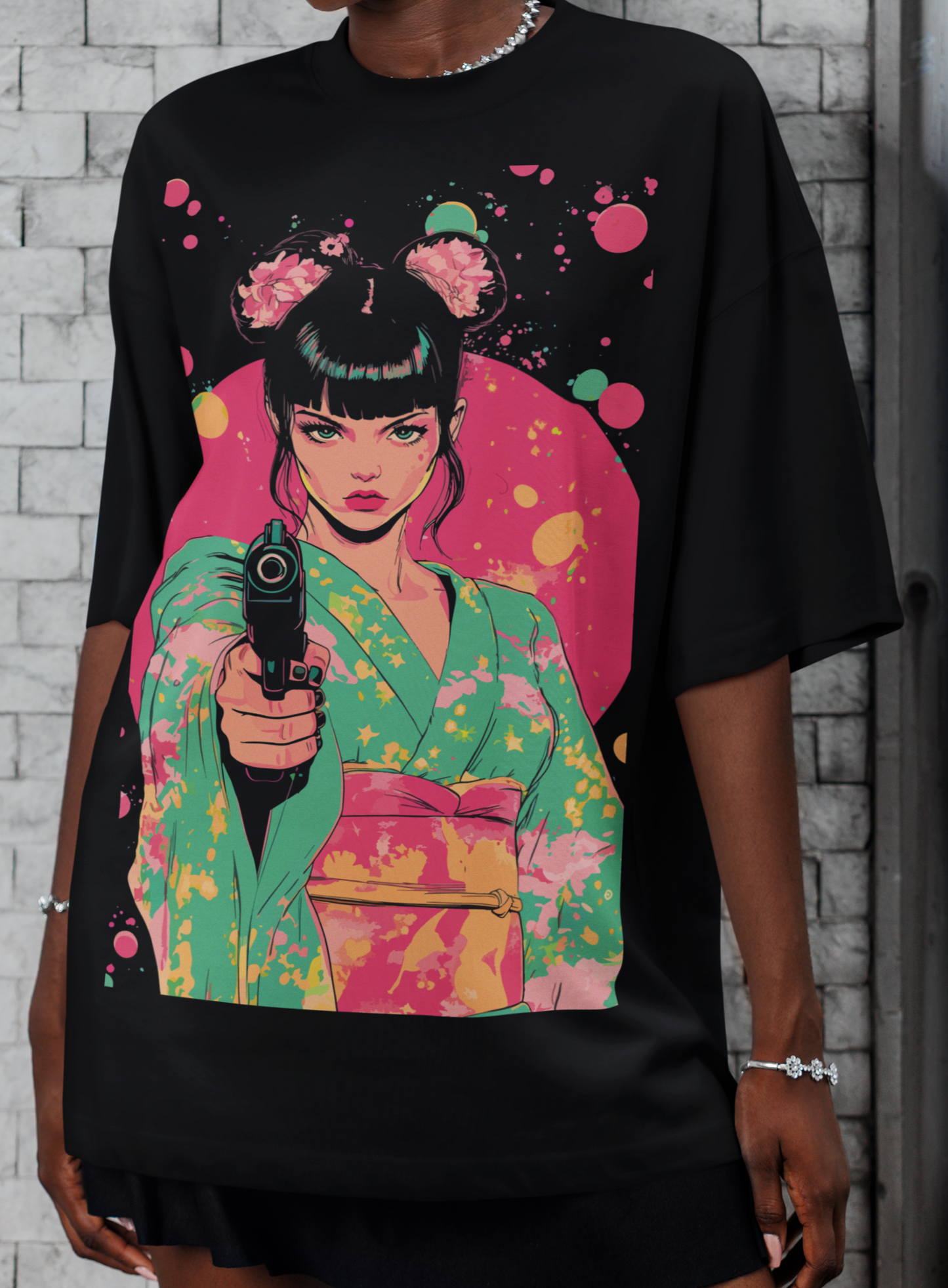 Japanese oversized tee, Yakuza Blossom, streetwear print with kimono, bold color splash.