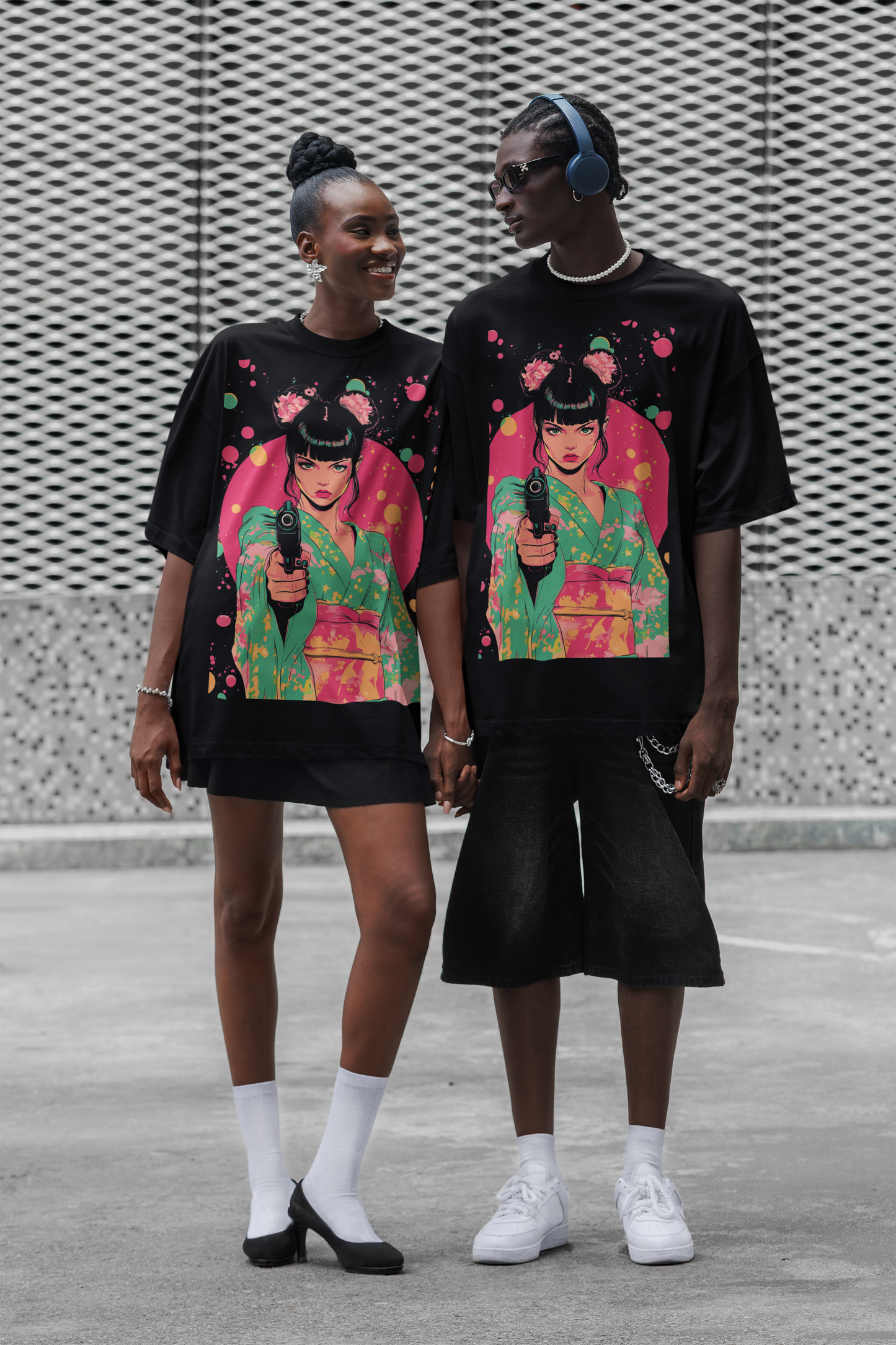 Oversized T-shirt with Yakuza Blossom, dramatic neon, Japanese crime lore, Mizuchi Clothing.