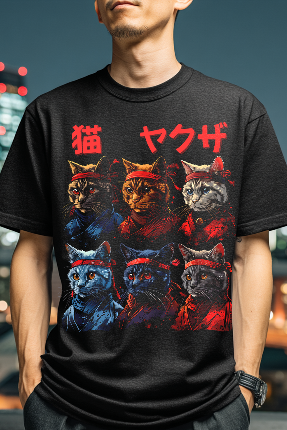Japanese oversized tee, Yakuza Neko design, headband cats, Mizuchi Nightvision.