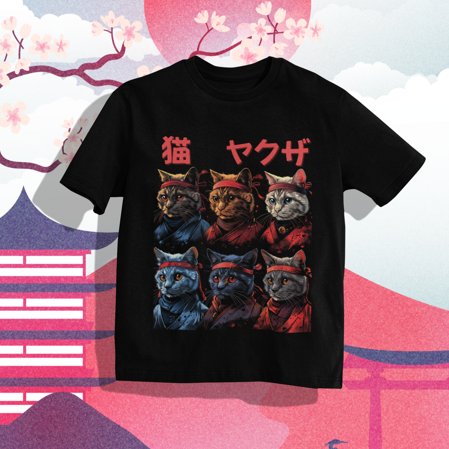 Limited edition Yakuza Neko oversized tee, Japanese streetwear, colorful cats, kanji.
