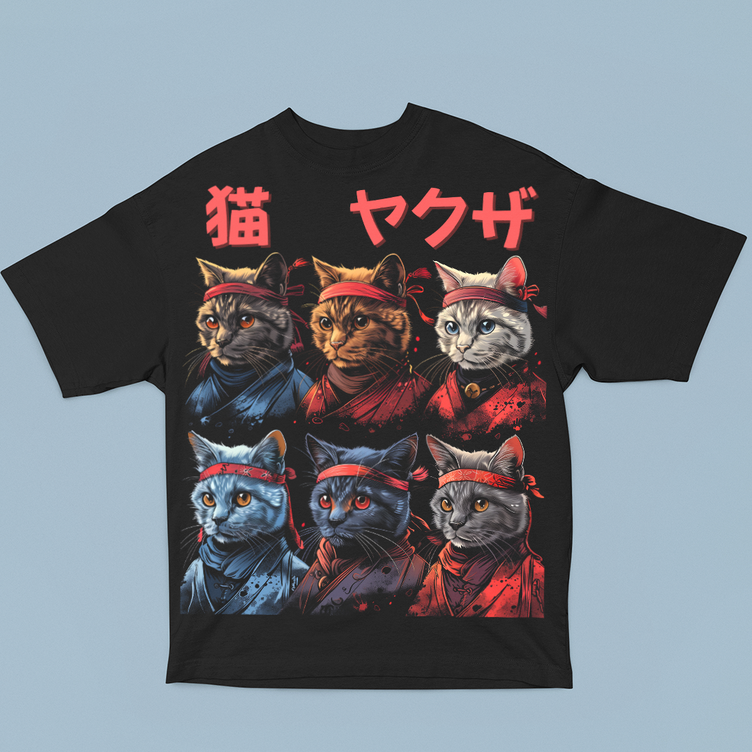 Limited edition Yakuza Neko oversized tee, Japanese streetwear, colorful cats, kanji.