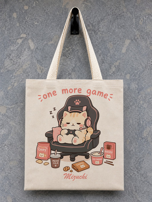One More Game Cat Canvas Tote Bag