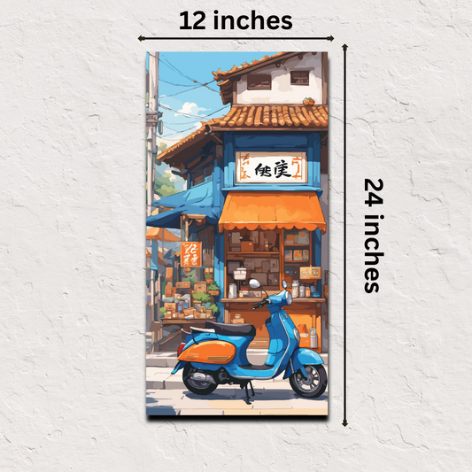 Japanese poster online – Blue Vespa Street urban art print 12x24 inch retro decor