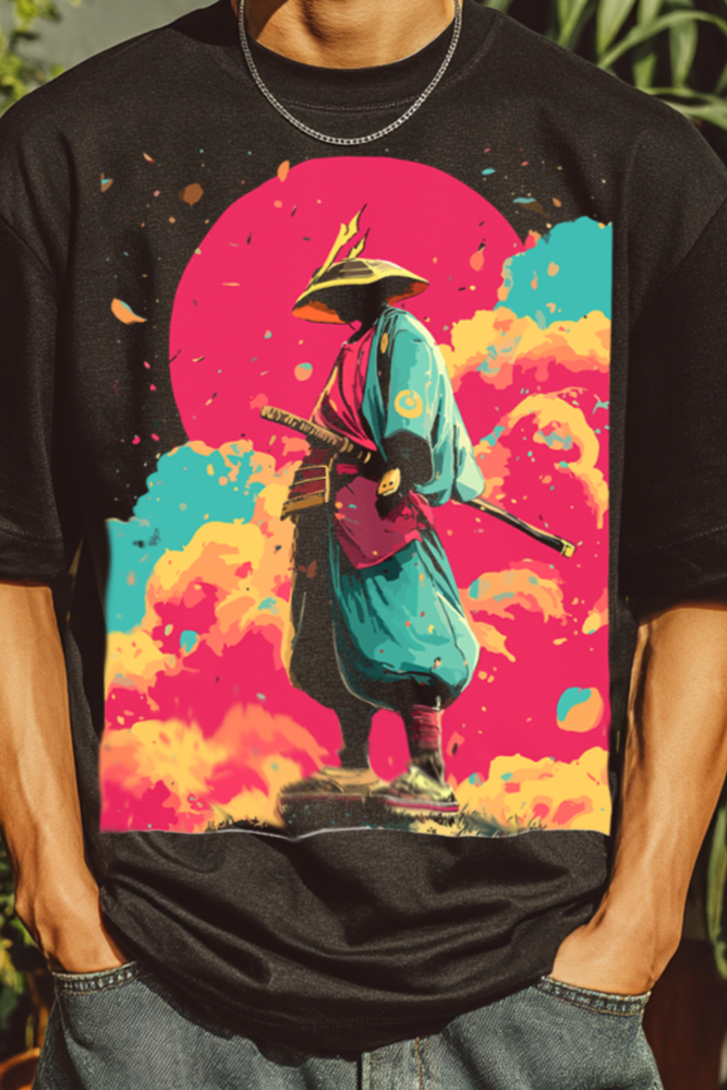 Japanese oversized tee with Cloud Ronin, crimson sun, dreamy dusk sky, Mizuchi Clothing.