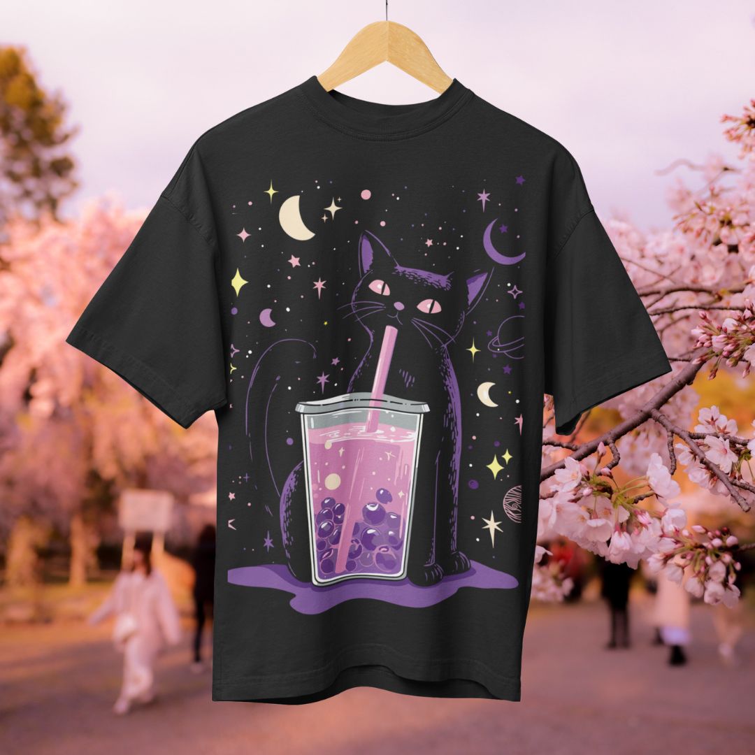 Cosmic Boba Neko tee by Mizuchi Clothing, boba tea art, Japanese streetwear style.