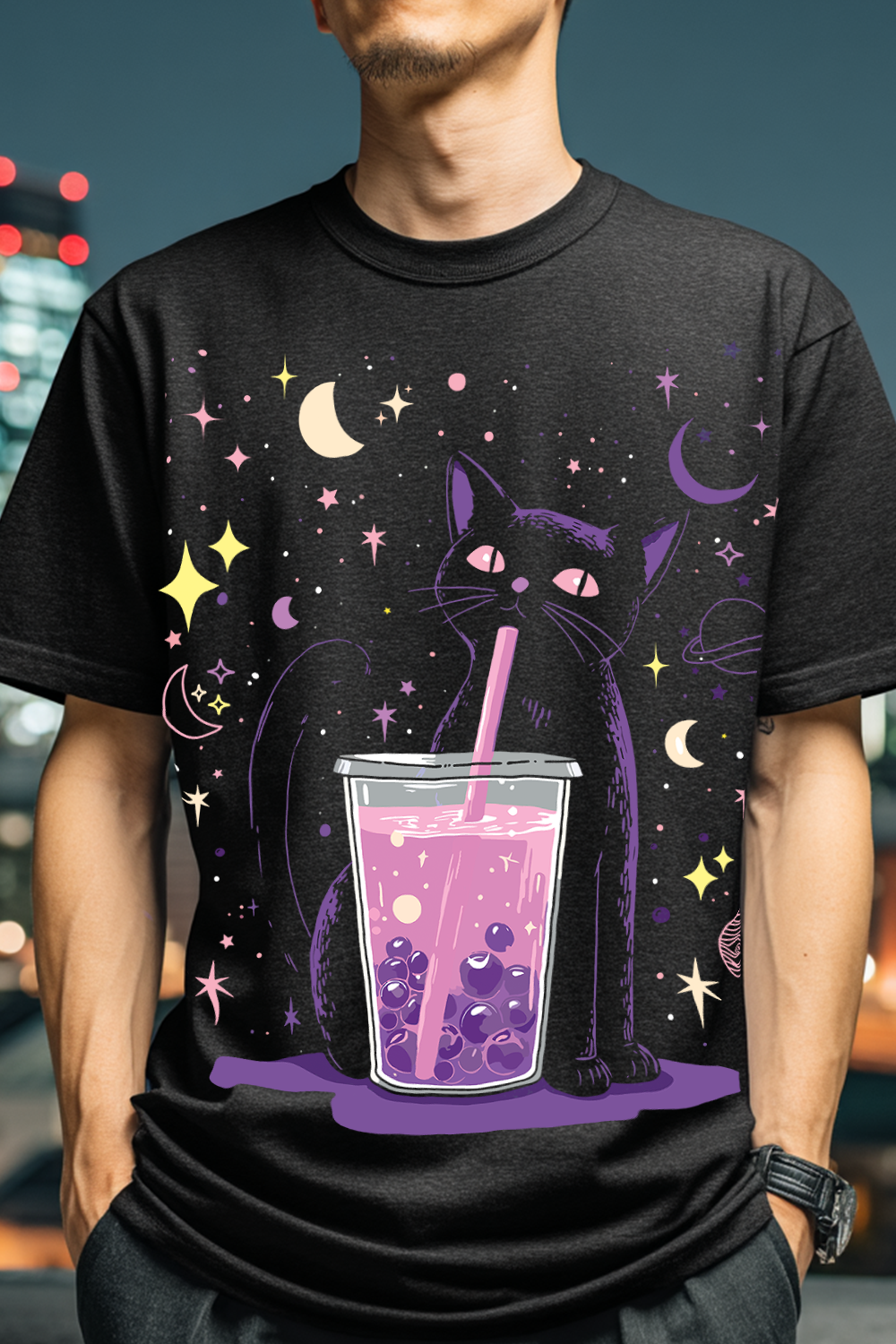 Japanese oversized tee with Cosmic Boba Neko print, pastel galaxy, black cat art.