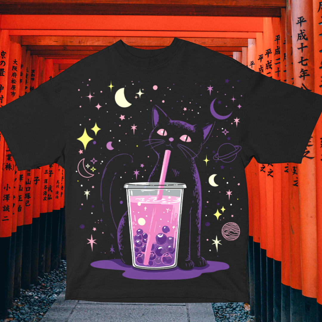 Oversized Japanese streetwear T-shirt, Cosmic Boba Neko, boba tea, galaxy, Mizuchi.