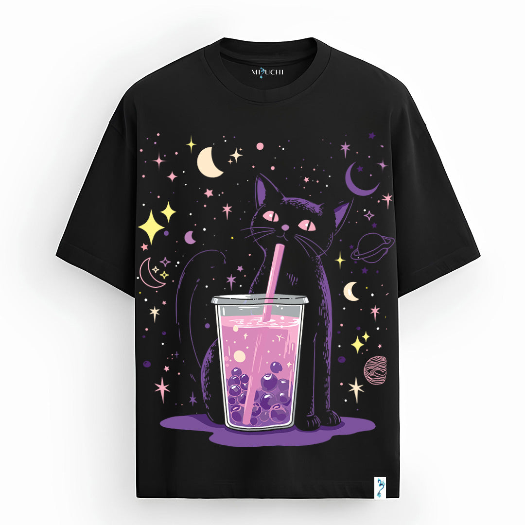 Cosmic Boba Neko oversized Japanese streetwear T-shirt, black cat sipping boba, Mizuchi Clothing Nightvision Series.