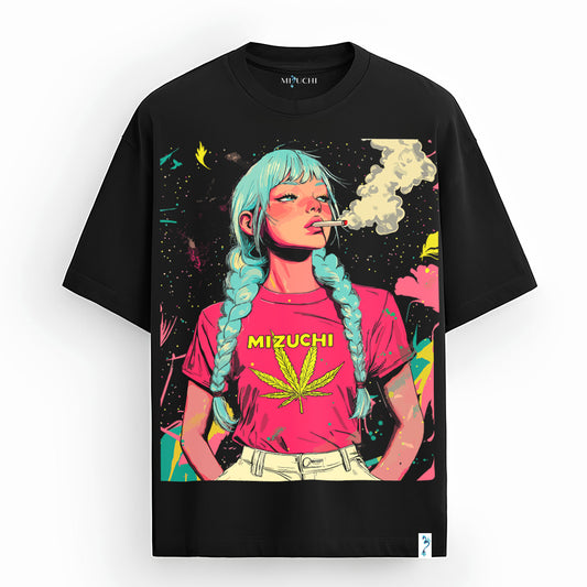Cosmic Smoke oversized T-shirt by Mizuchi Clothing with cosmic girl and galaxy Nightvision Series.