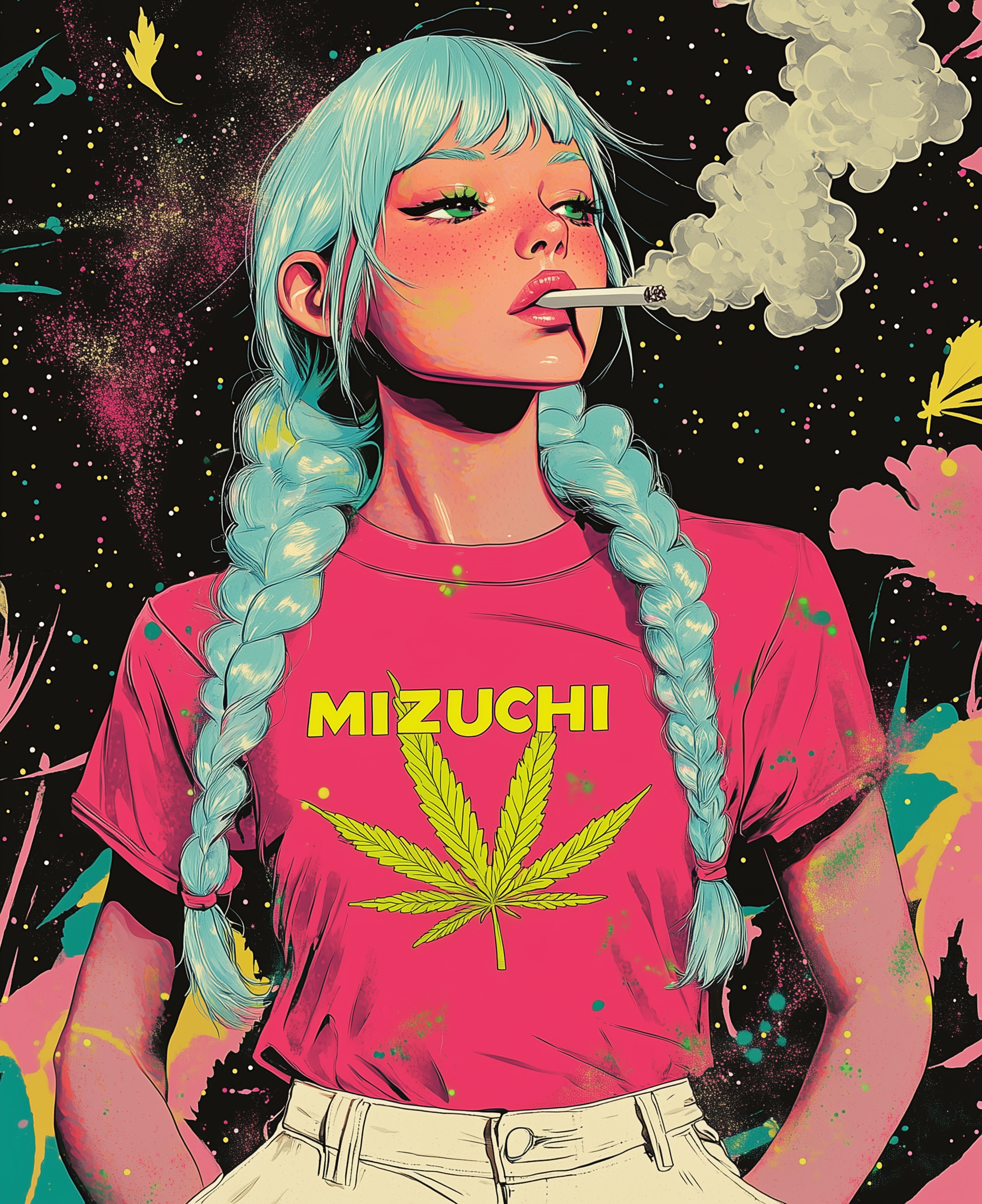 Cosmic Smoke oversized T-shirt by Mizuchi Clothing with cosmic girl and galaxy Nightvision Series.