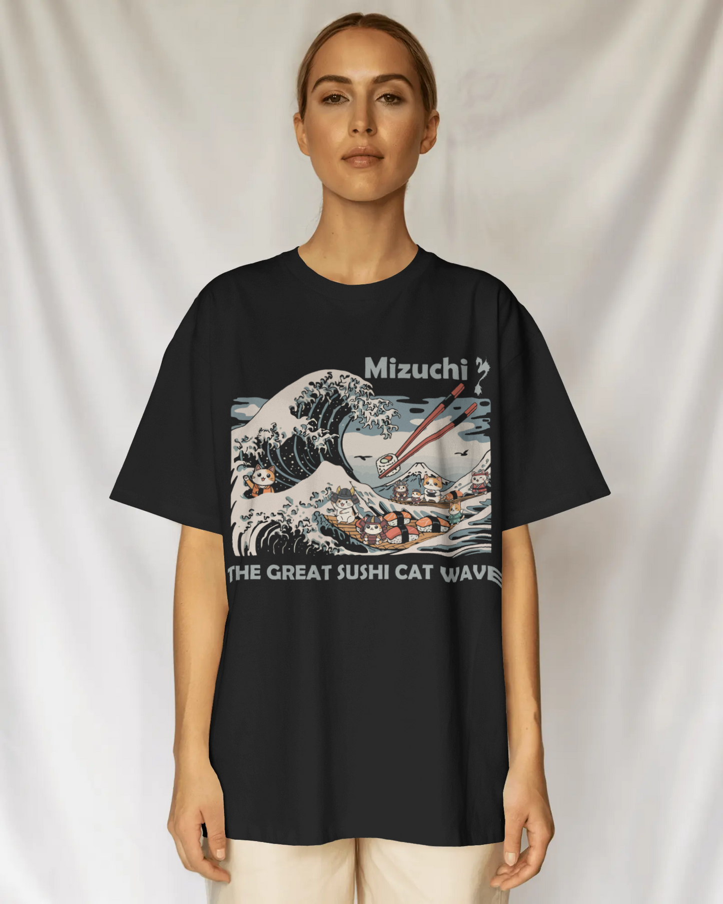Mizuchi Great Sushi Cat Wave Tee front: Cats riding massive sushi wave with chopsticks on premium black 100% cotton t-shirt, Monochrome Series.