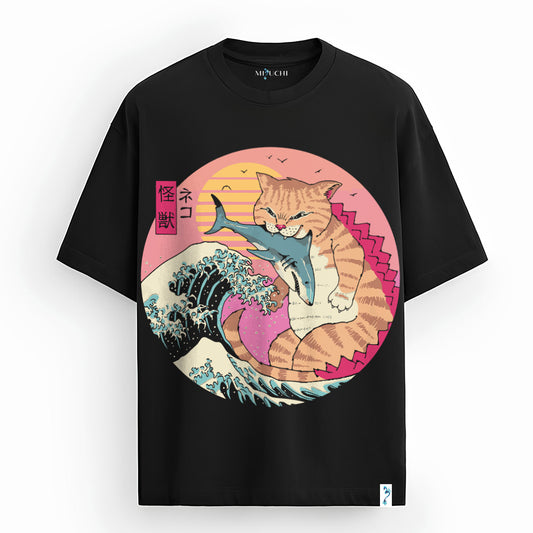 Kaiju Neko Wave oversized Japanese streetwear T-shirt by Mizuchi Clothing featuring kaiju cat battling shark with ukiyo-e wave art.
